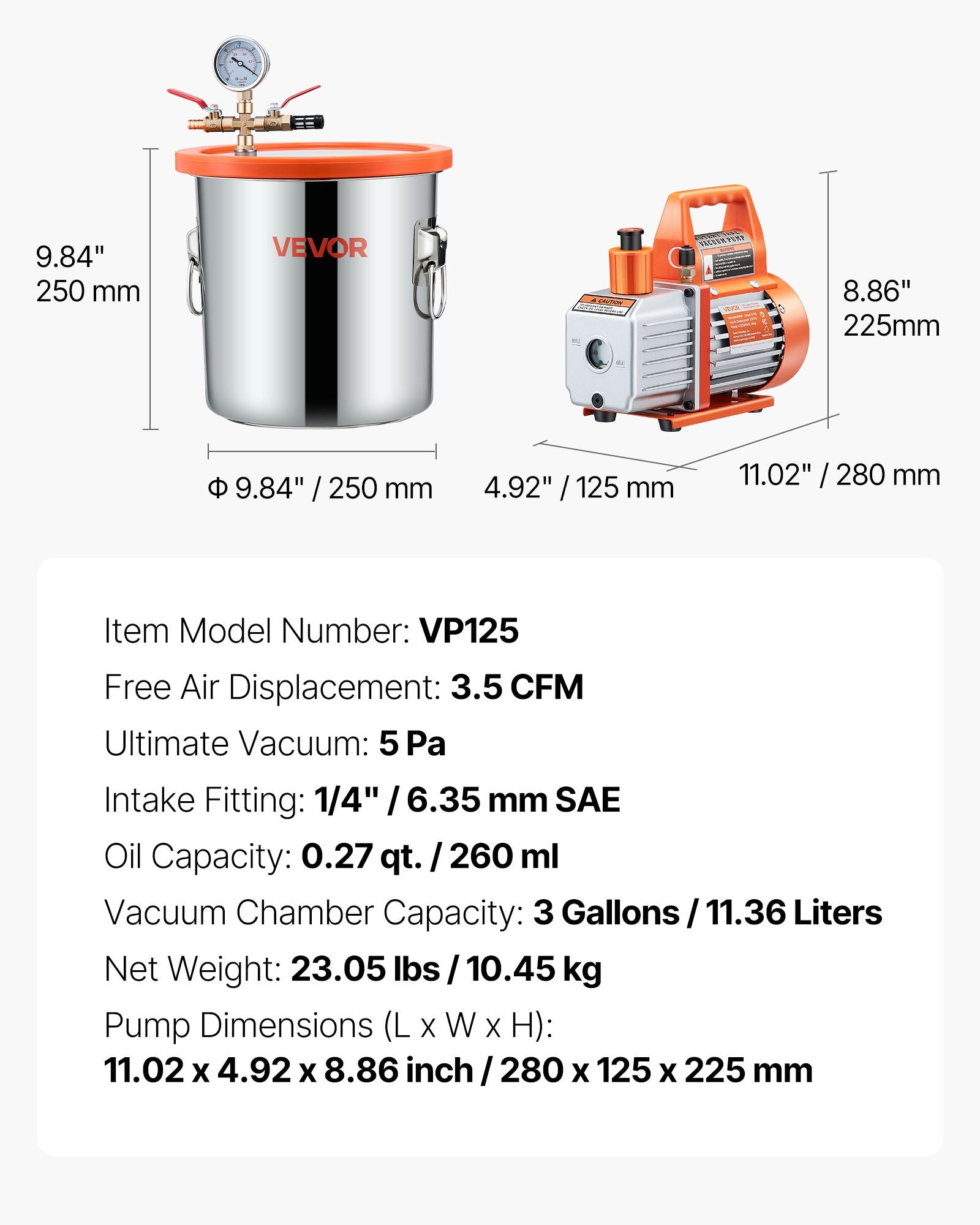 Vakuuminė kamera su siurbliu VEVOR VP125, 11,36 l