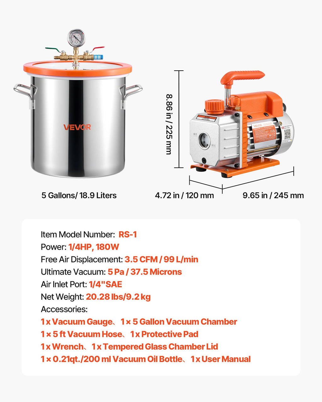 Vakuuminė kamera su siurbliu VEVOR RS-1, 18,93 l
