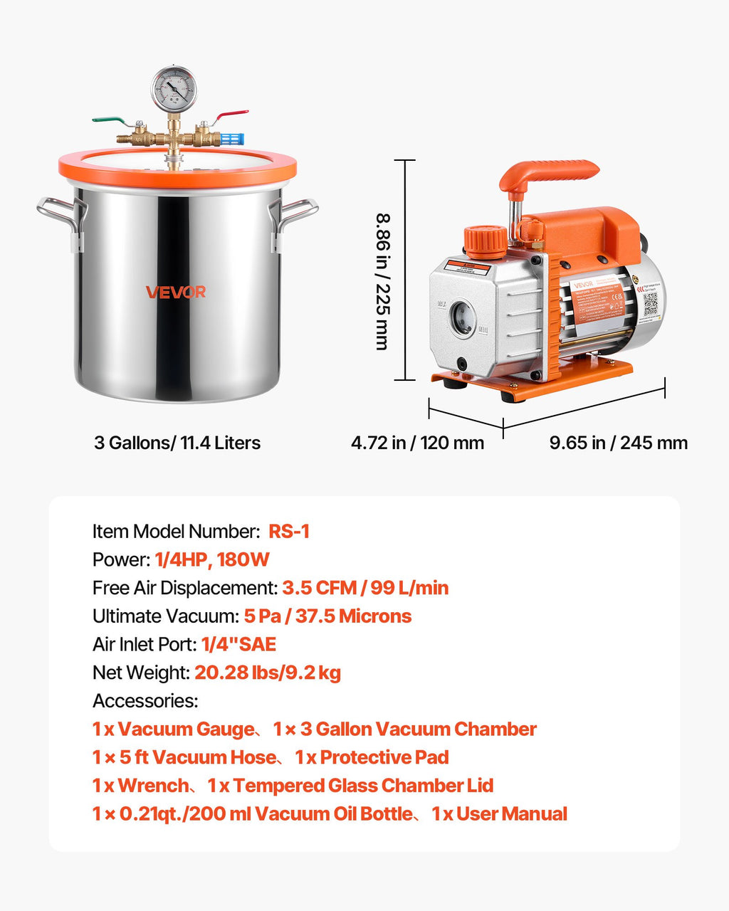 Vakuuminė kamera su siurbliu VEVOR RS-1, 11,36 l