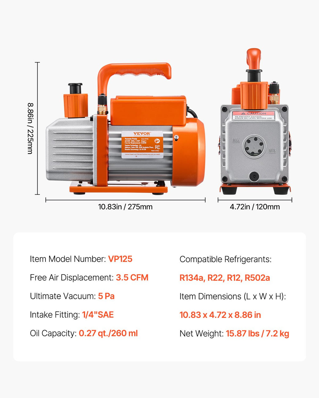Vakuuminis siurblys ir manometrų rinkinys VEVOR VP125, 3,5 CFM