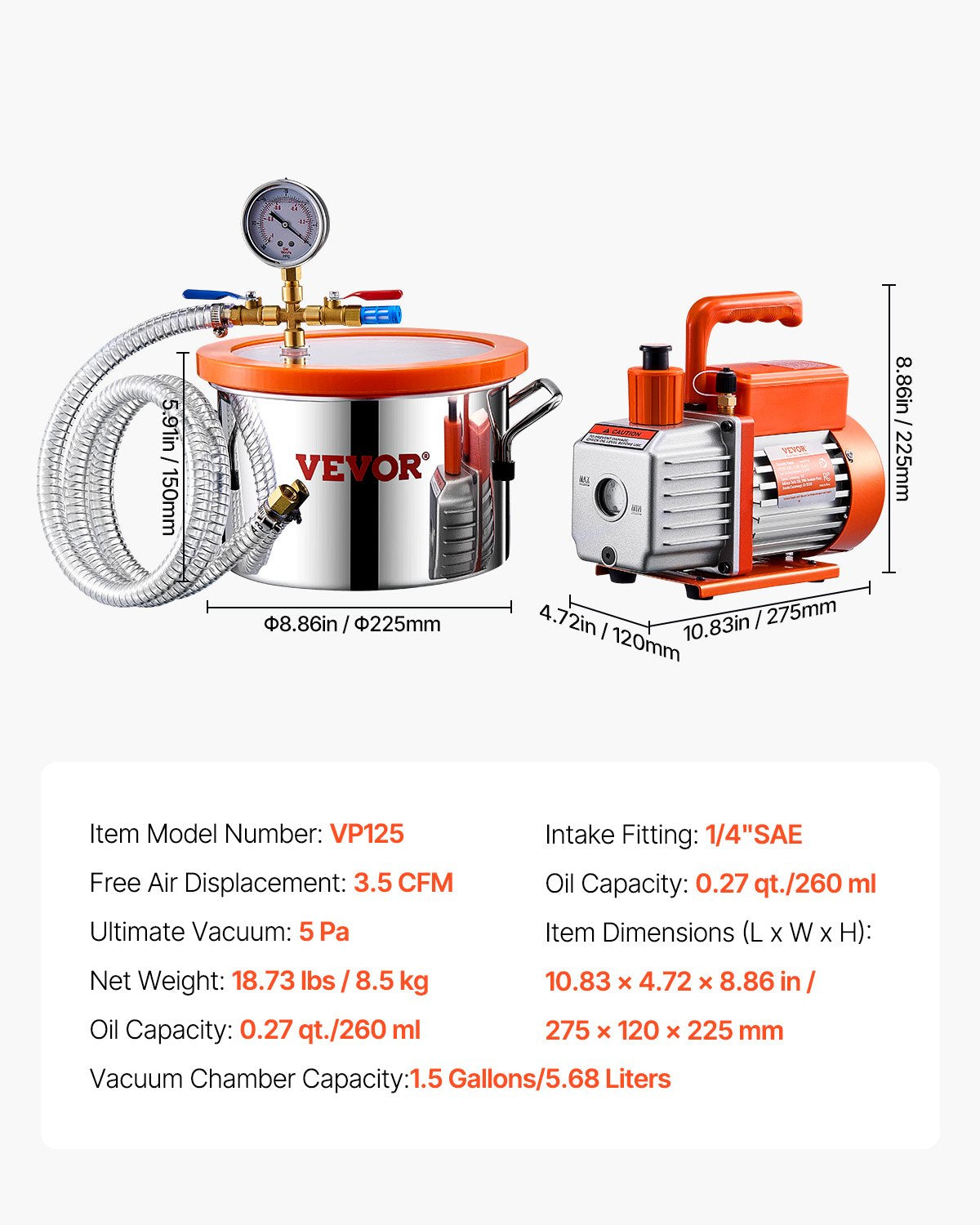 Vakuuminė kamera su siurbliu VEVOR VP125, 5,7 l talpa
