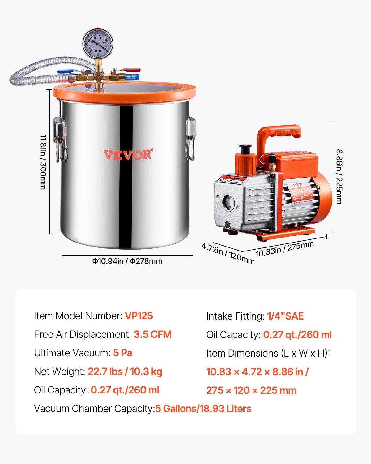 Vakuuminė kamera su siurbliu VEVOR VP125, 19 l