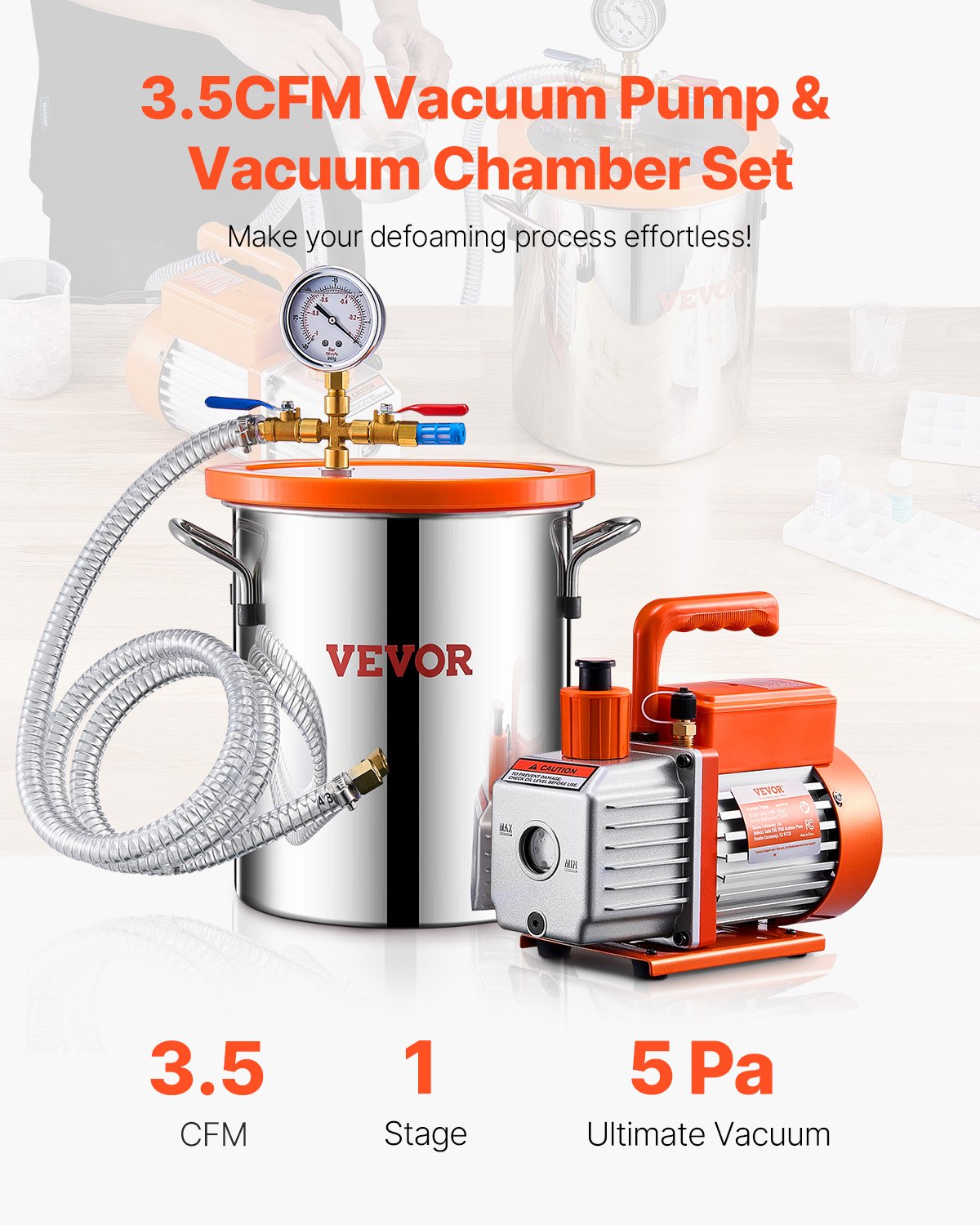 Vakuuminė kamera su siurbliu VEVOR VP125, 11 l, 100 l/min
