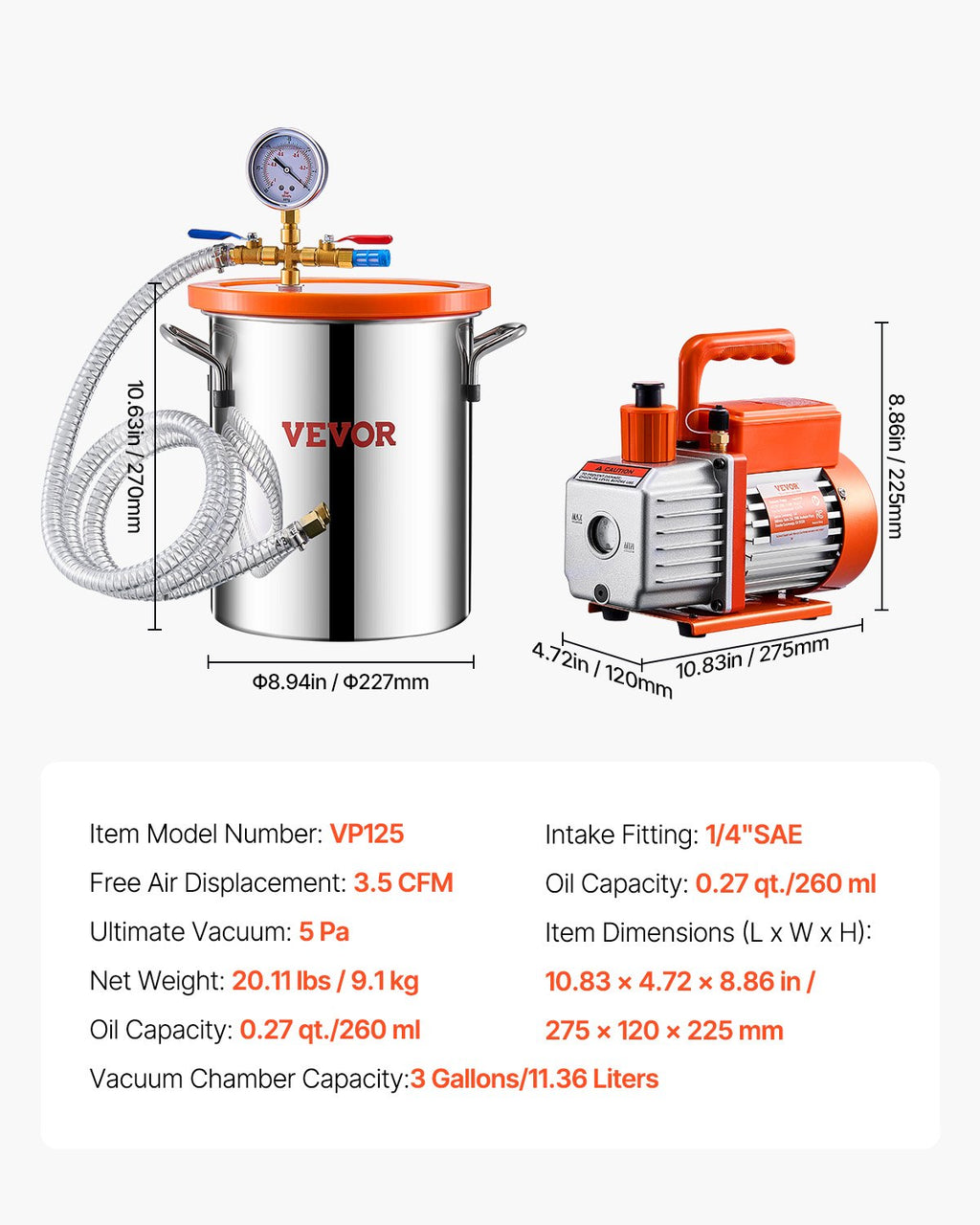 Vakuuminė kamera su siurbliu VEVOR VP125, 11 l, 100 l/min
