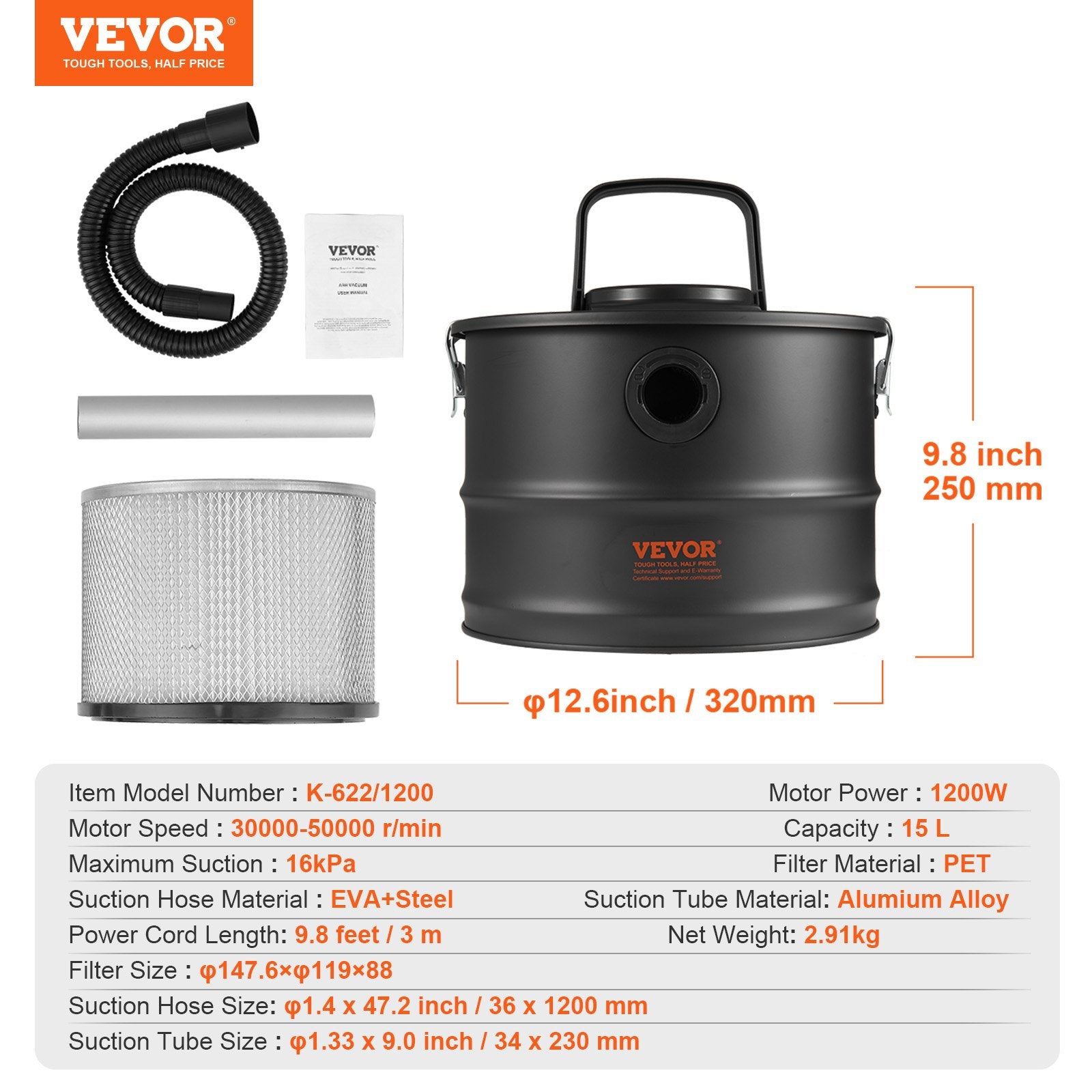 Pelenų siurblys VEVOR K-622/1200, 1200W