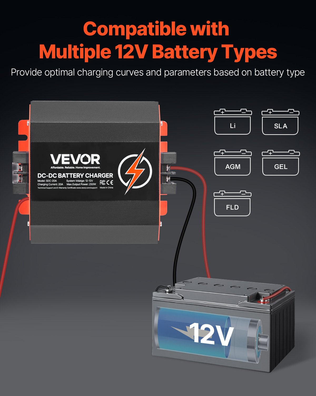 Akumuliatorių įkroviklis VEVOR SDC-20A, 12V 20A
