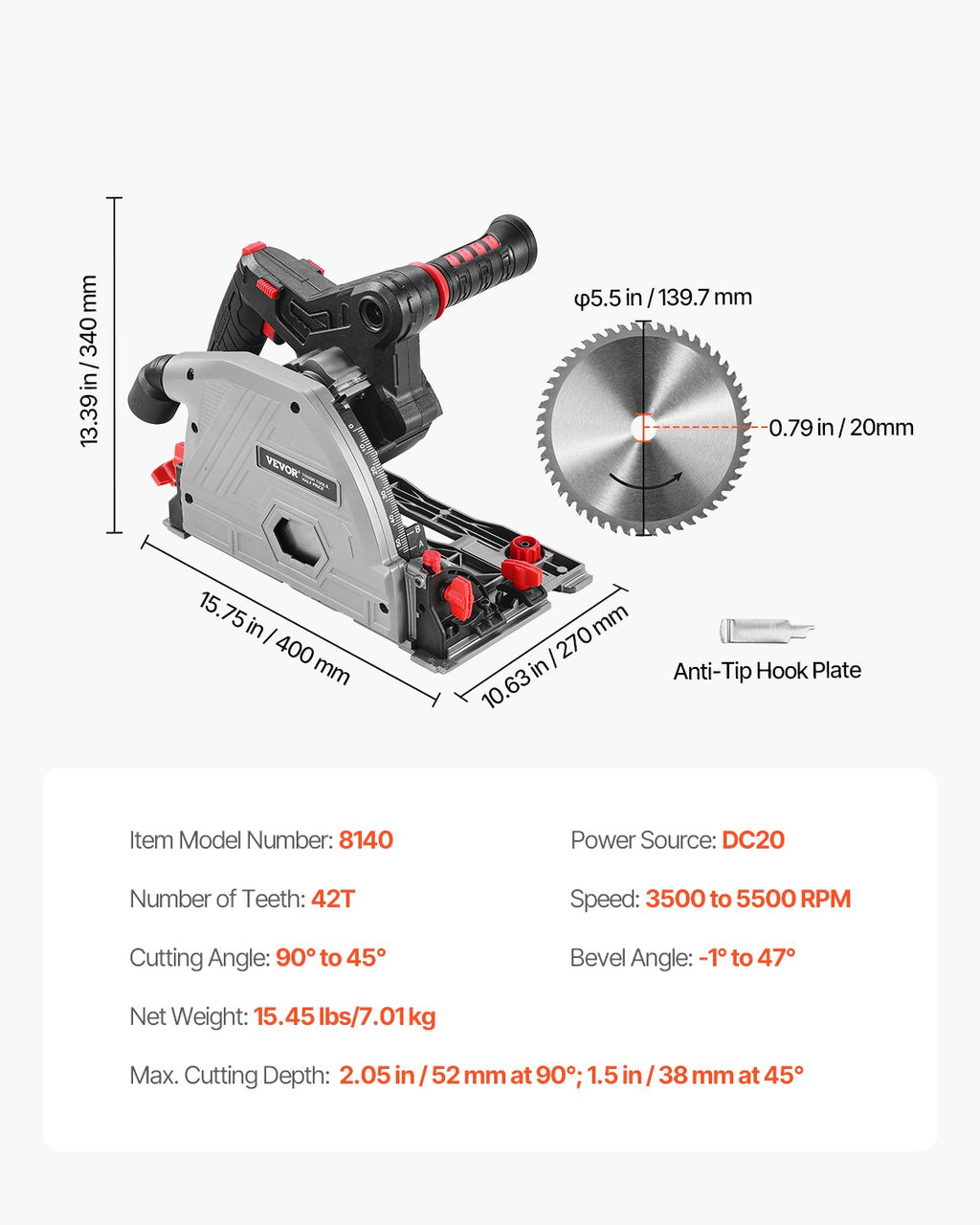 Akumuliatorinis įleidžiamas diskinis pjūklas VEVOR 8140, 140 mm