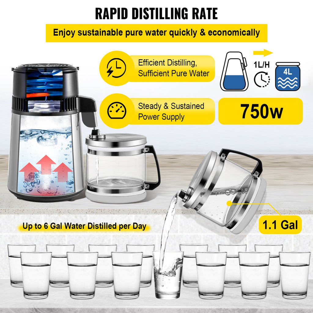 Vandens distiliatorius VEVOR 750W, 4L talpos