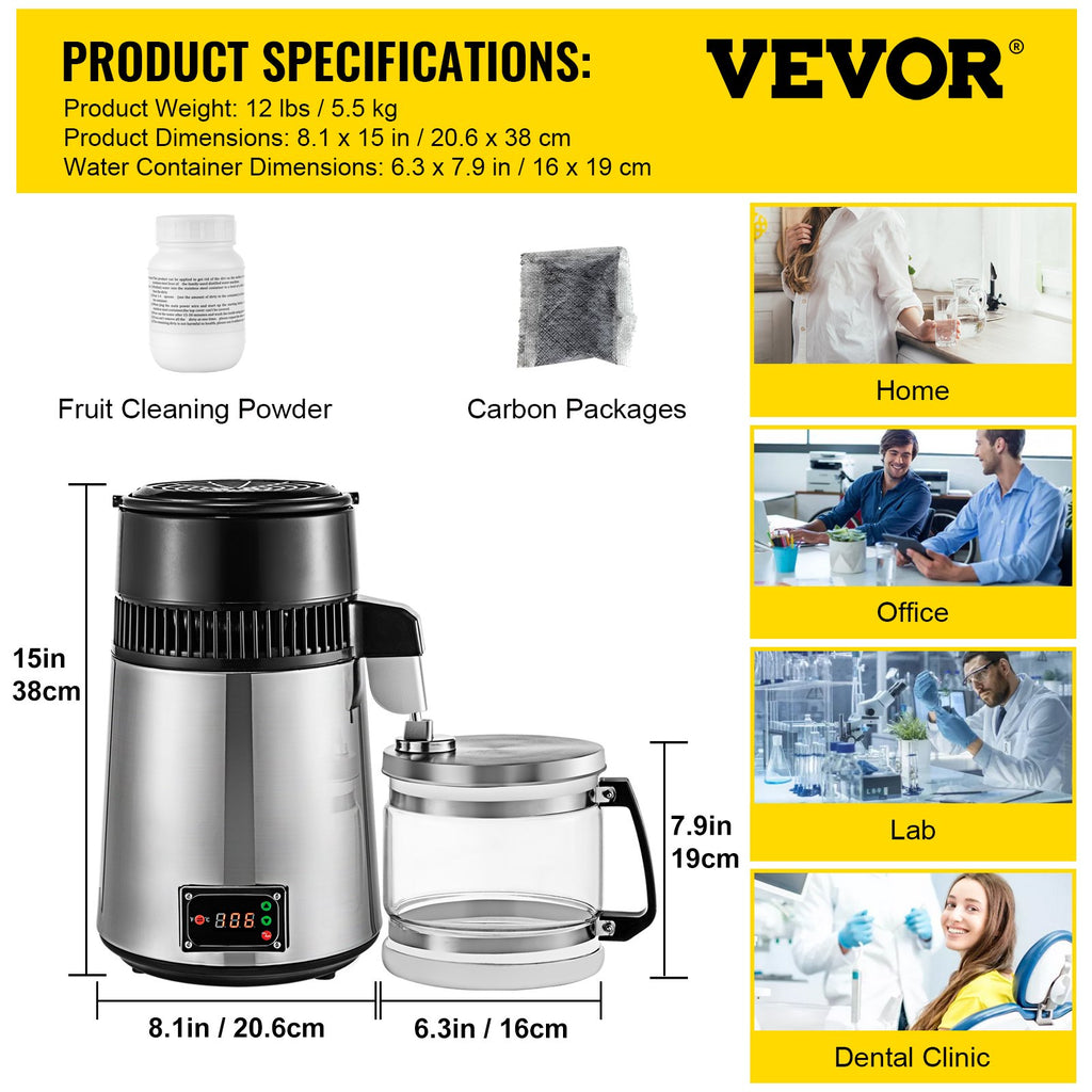 Vandens distiliatorius VEVOR 750W, 4L talpos