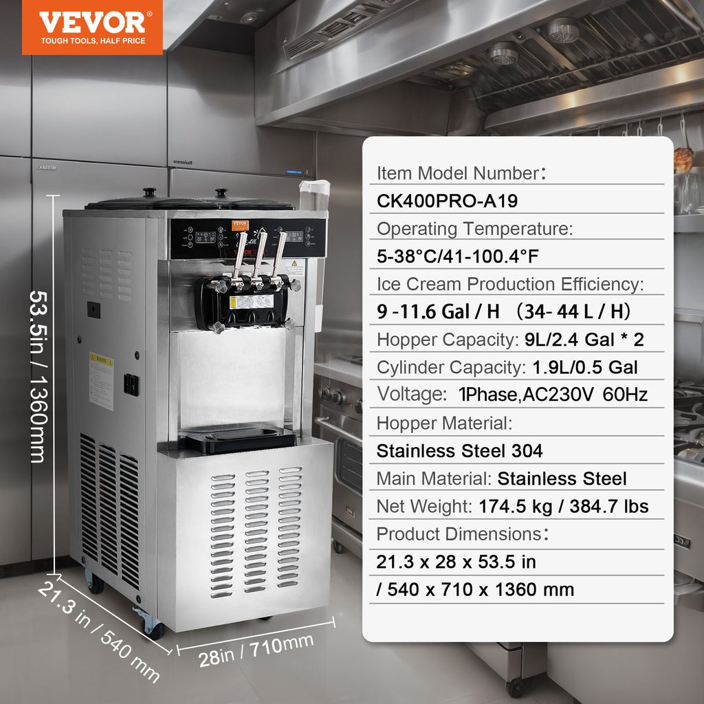 Minkštų ledų gaminimo aparatas VEVOR CK400PRO-A19, 34–44 l/val. našumas