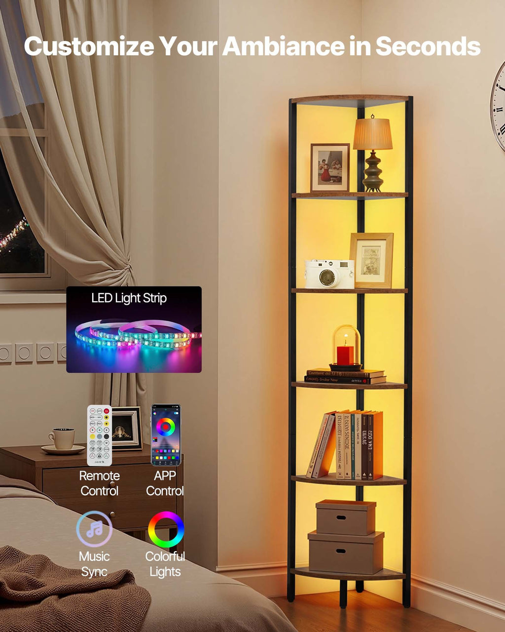 Kampinė lentyna VEVOR YJX-SNJ-005, 6 aukštų su LED apšvietimu
