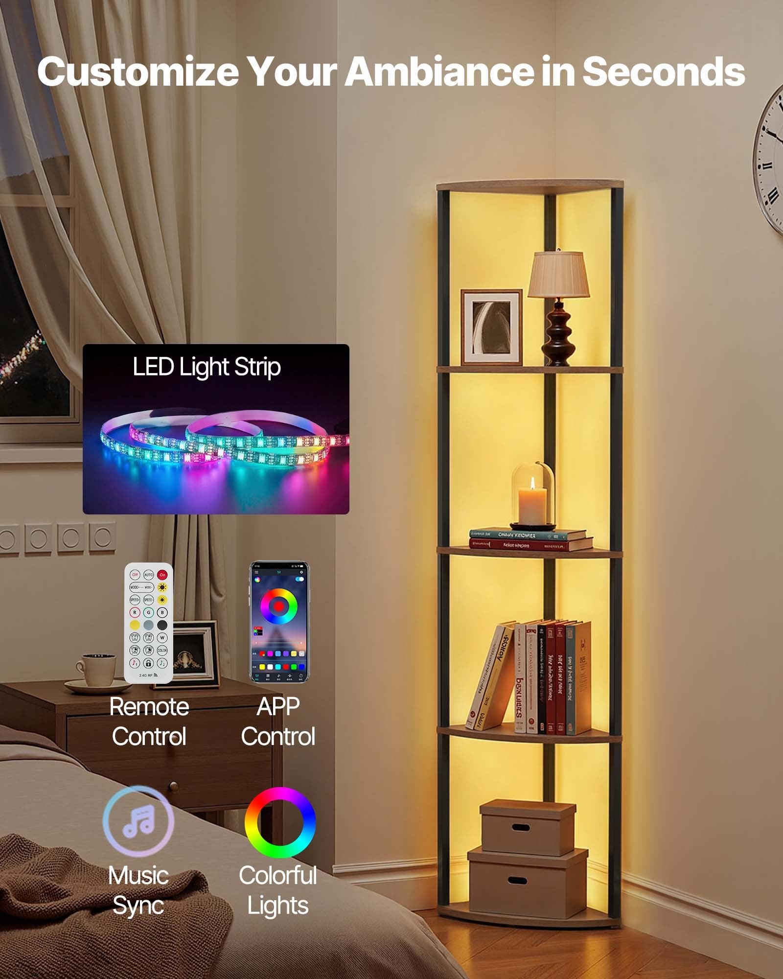 Kampinė lentyna VEVOR YJX-SNJ-004, 5 aukštų su LED apšvietimu