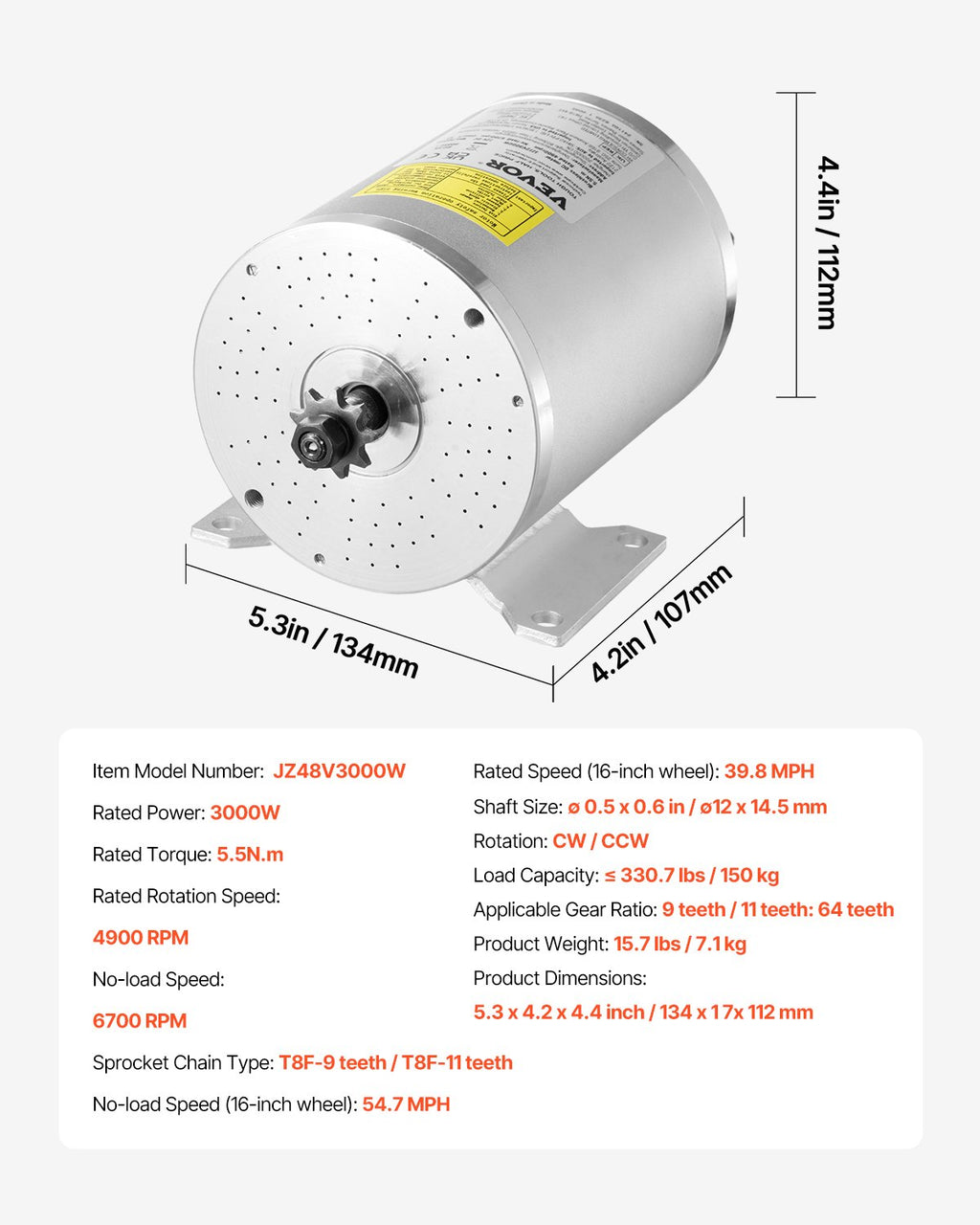 Elektrinis bešepetėlis variklis VEVOR JZ72V3000W, 3000 W