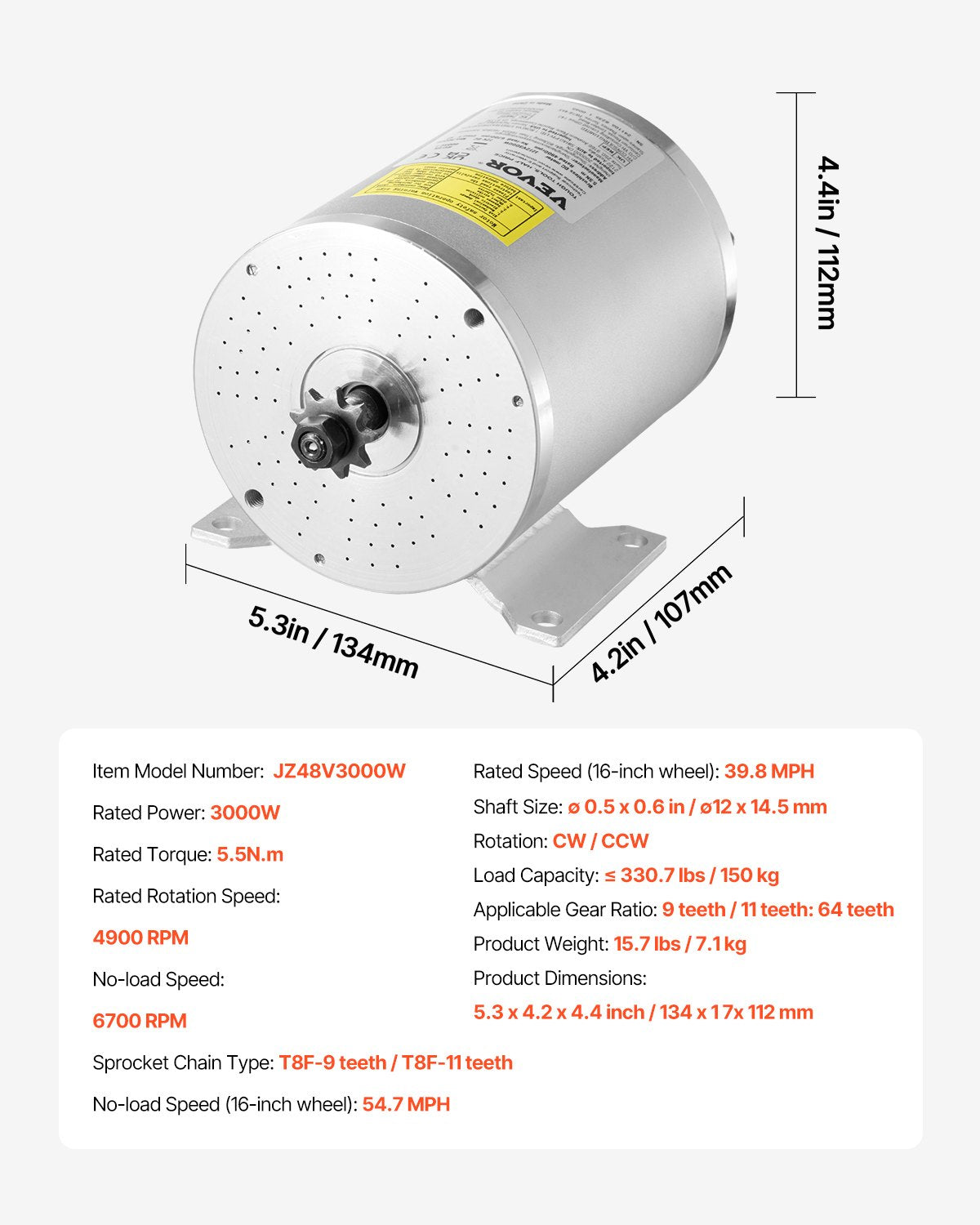 Elektrinis bešepetėlis variklis VEVOR JZ72V3000W, 3000 W