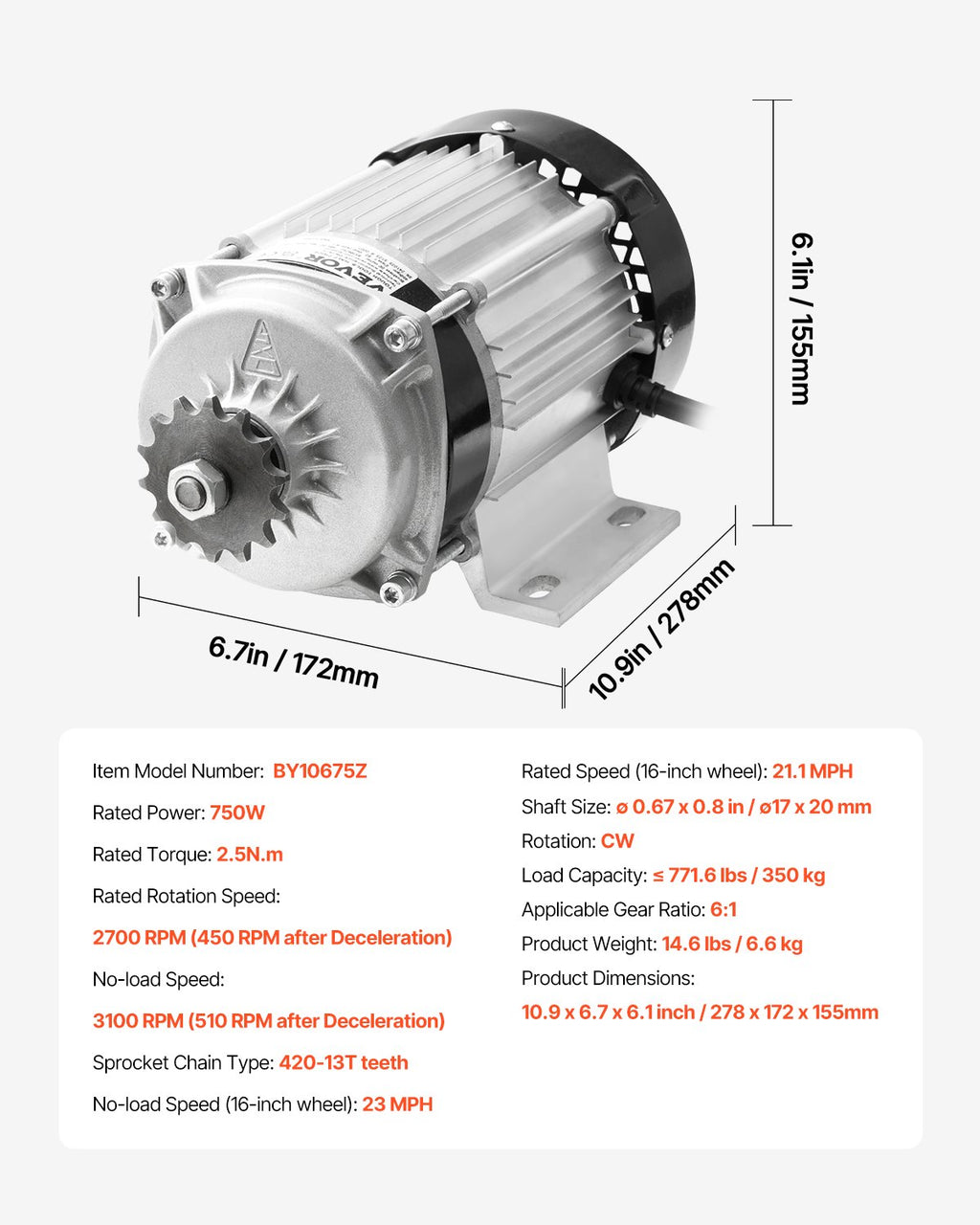 Elektrinis bešepetėlis variklis VEVOR BY10650Z, 750W