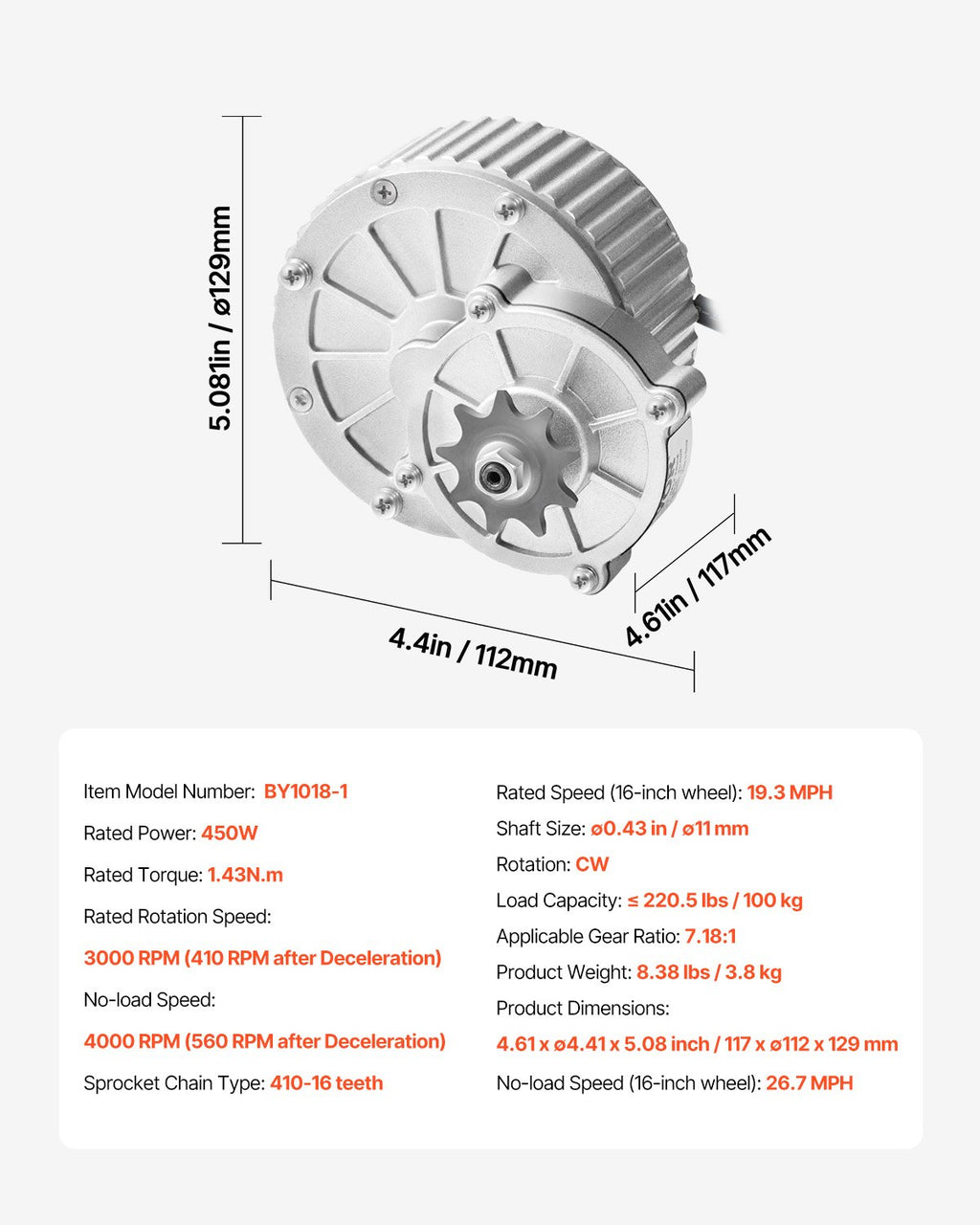Elektrinio variklio komplektas VEVOR BY1018-1, 450W
