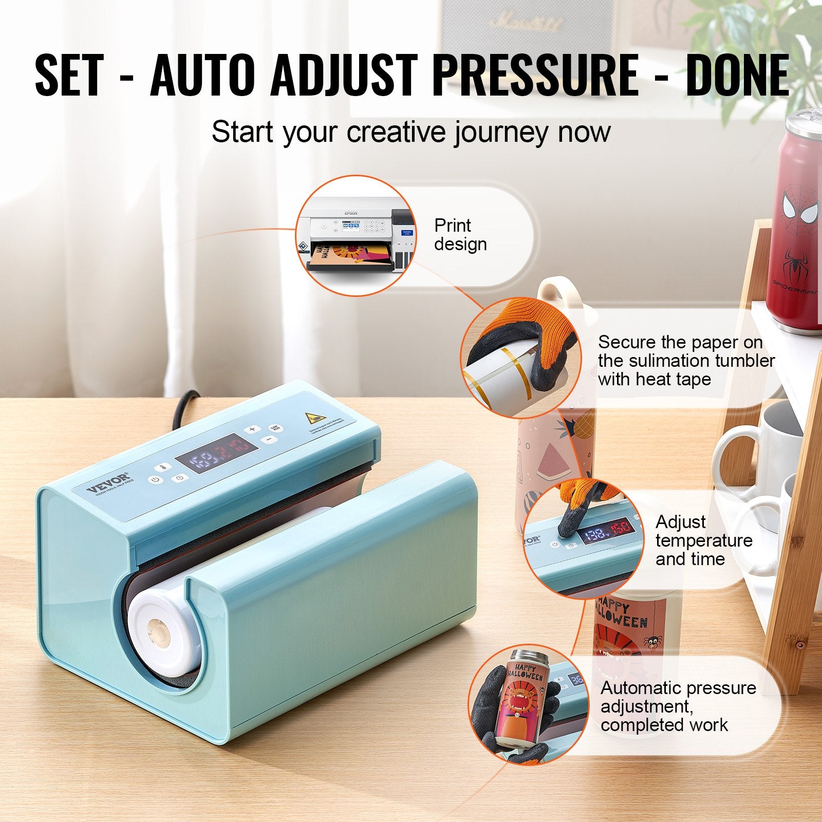 Automatinis puodelių termo presas VEVOR F300S, 887 ml talpos indams