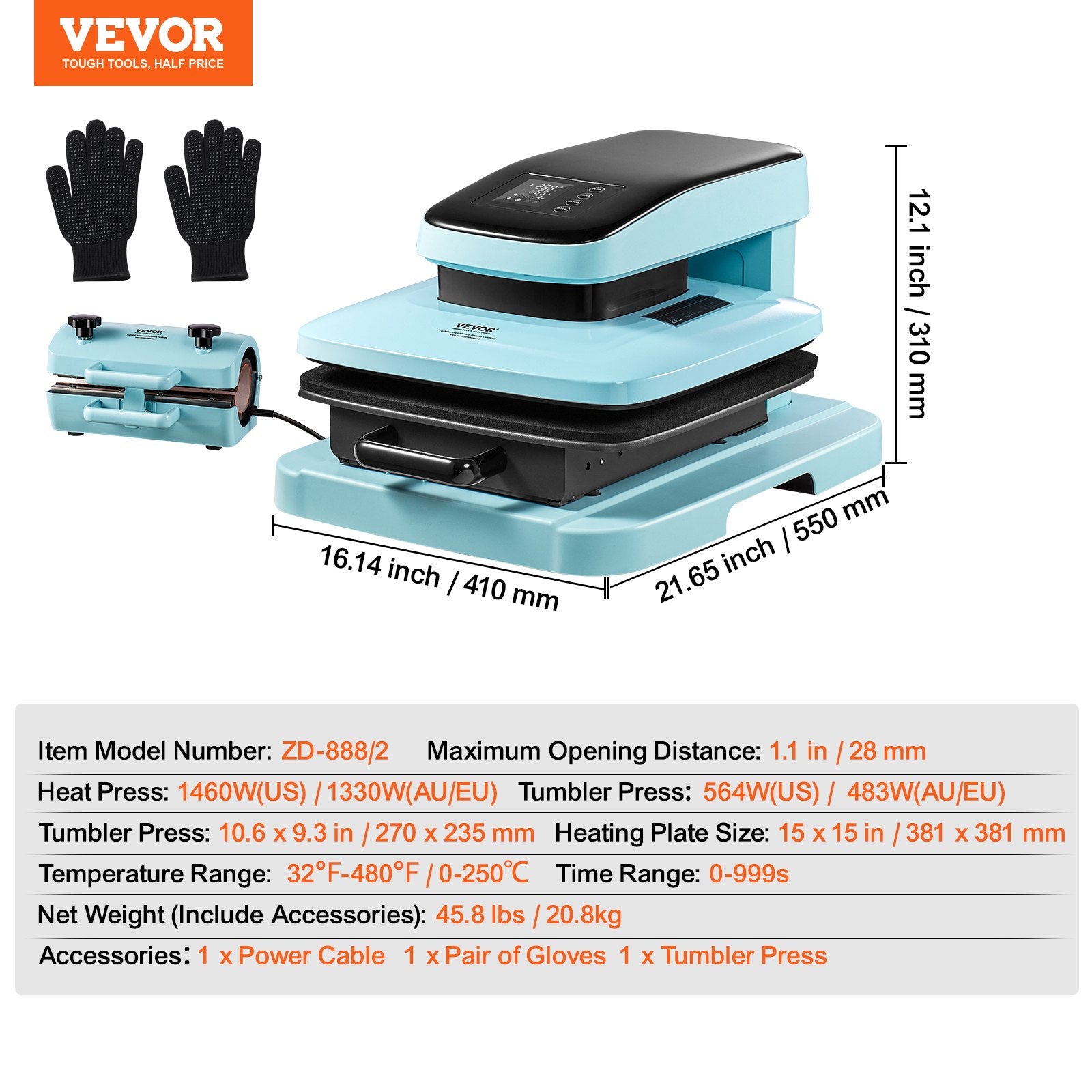 Automatinis termopresas VEVOR ZD-888/2, 38,1 x 38,1 cm
