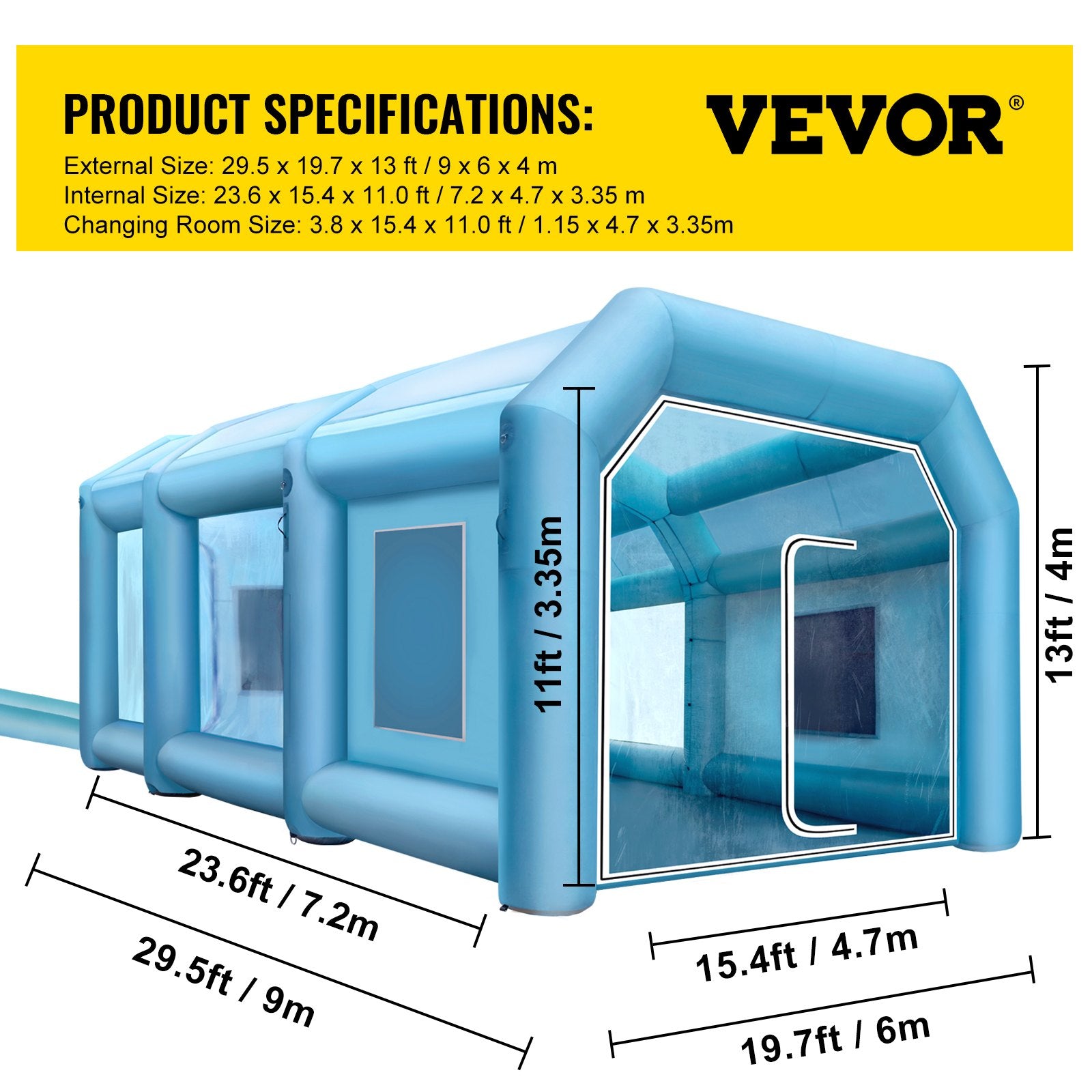 Pripučiama dažymo kamera VEVOR 9x6x4 m, su filtravimo sistema