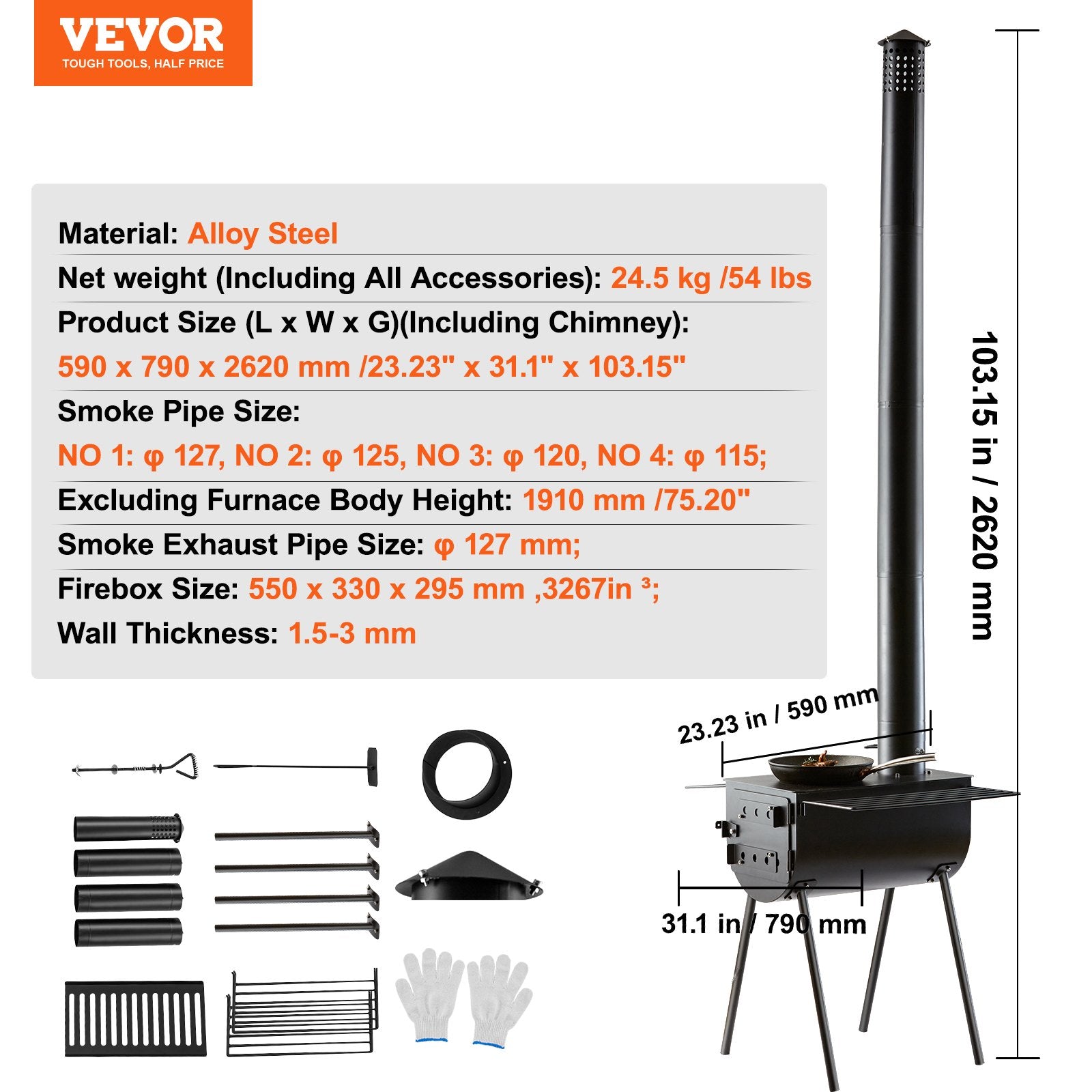Malkinė krosnelė palapinei VEVOR VOLD-002A, 3 m kaminas