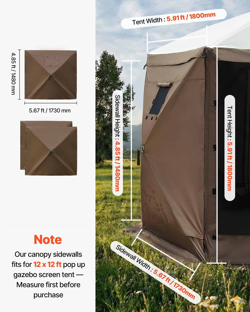 Pavėsinės šoninės sienelės VEVOR FYPJ-001, 1,73 x 1,48 m