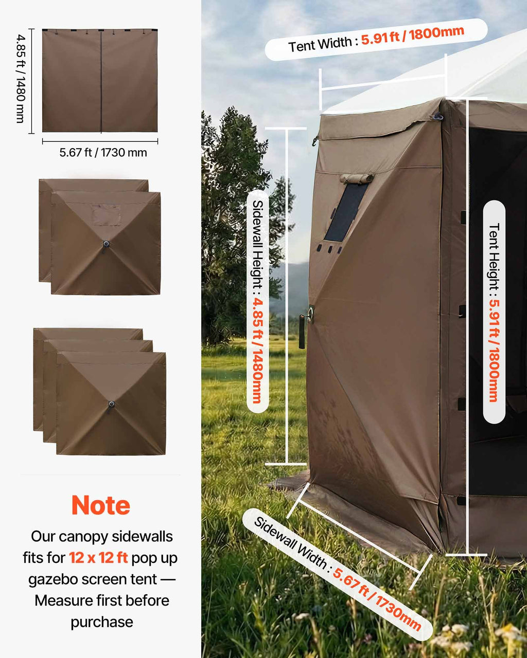 Pavėsinės šoninės sienelės VEVOR FYPJ-002, 1,73 x 1,48 m, 6 vnt.