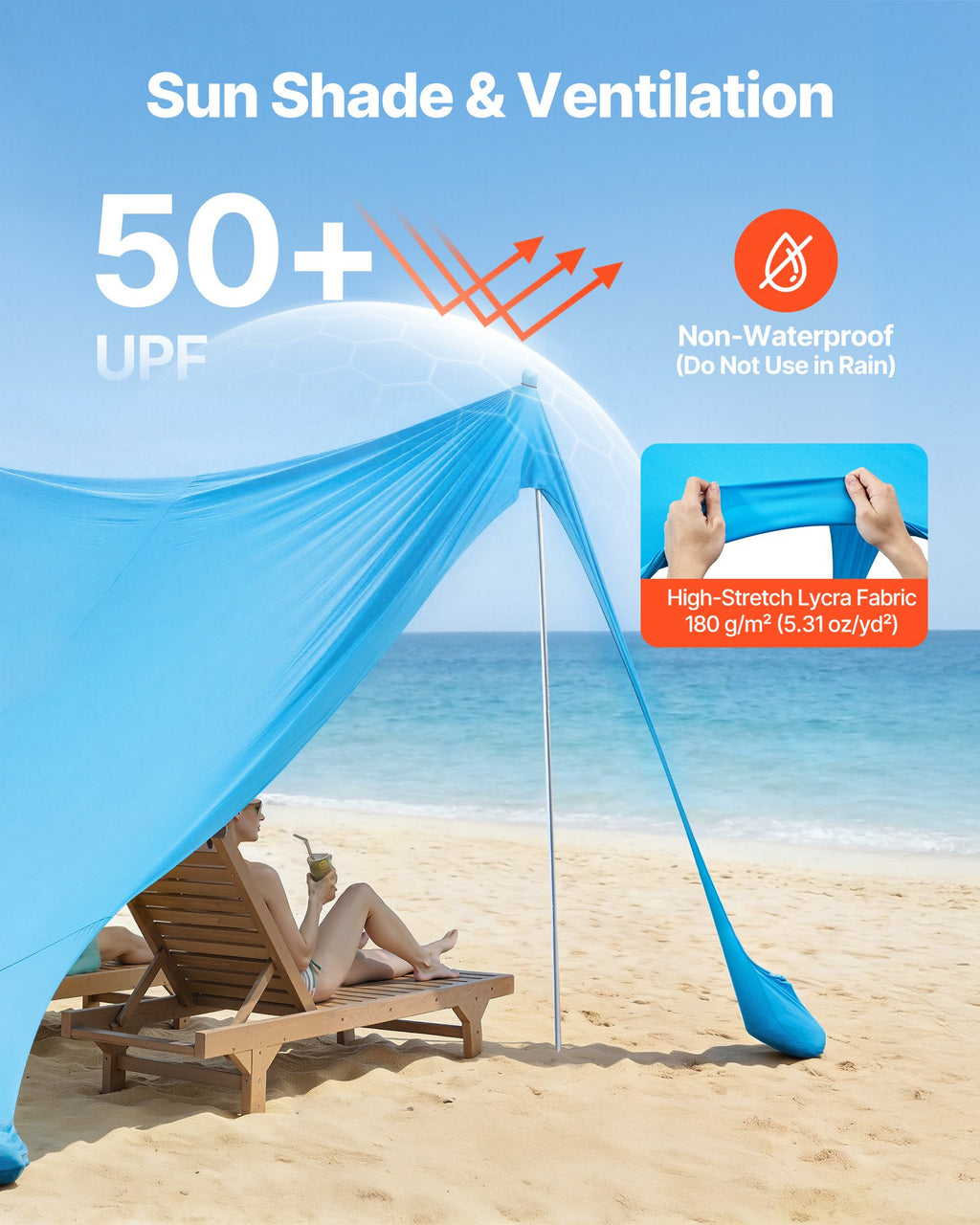 Paplūdimio palapinė nuo saulės VEVOR TM003, 3,4 x 3,4 m