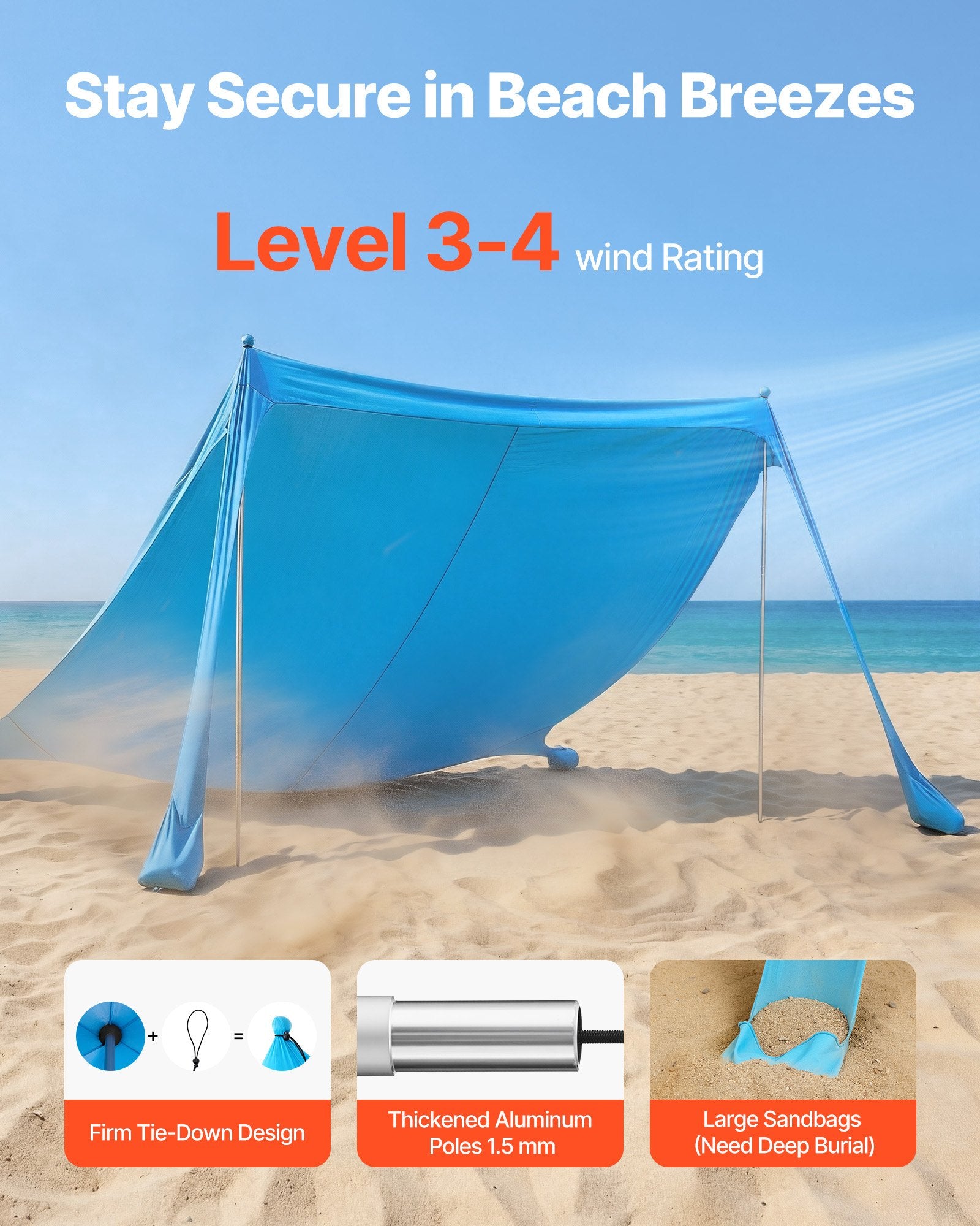 Paplūdimio palapinė nuo saulės VEVOR TM003, 3,4 x 3,4 m