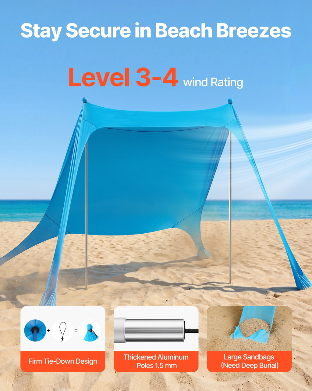 Paplūdimio palapinė nuo saulės VEVOR TM002, 2,3 x 2,3 m