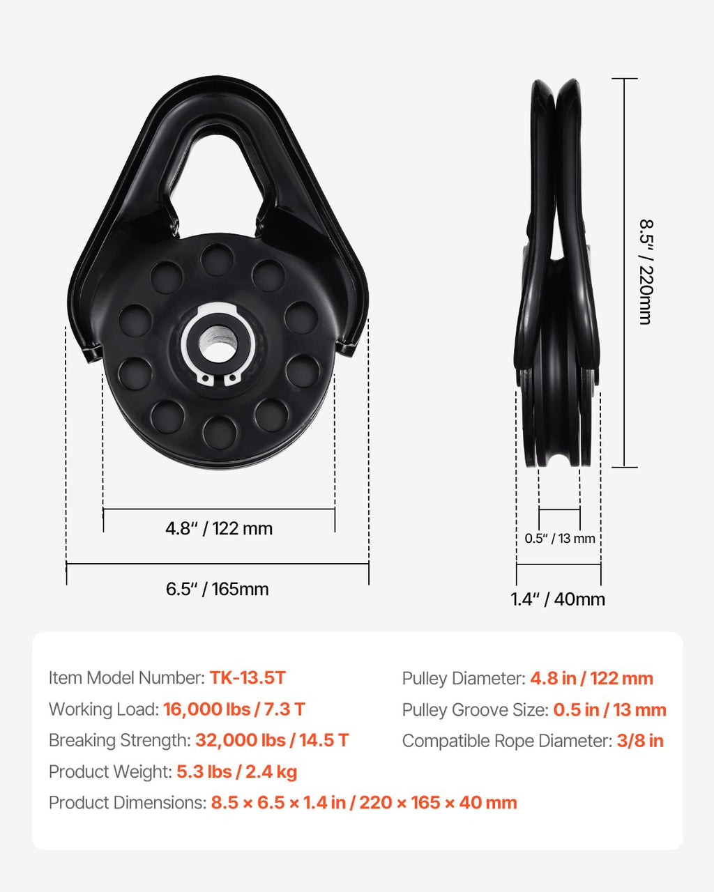 Gervės skriemulys VEVOR TK-13.5T, 14,5 t