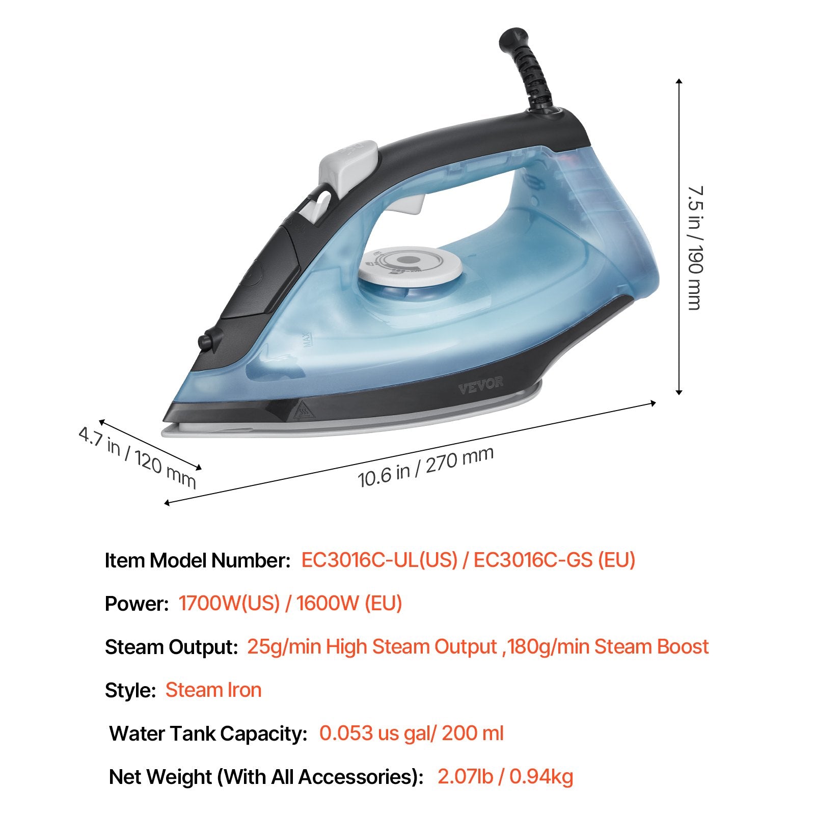 Garinis lygintuvas VEVOR EC3016C-GS, 1600 W