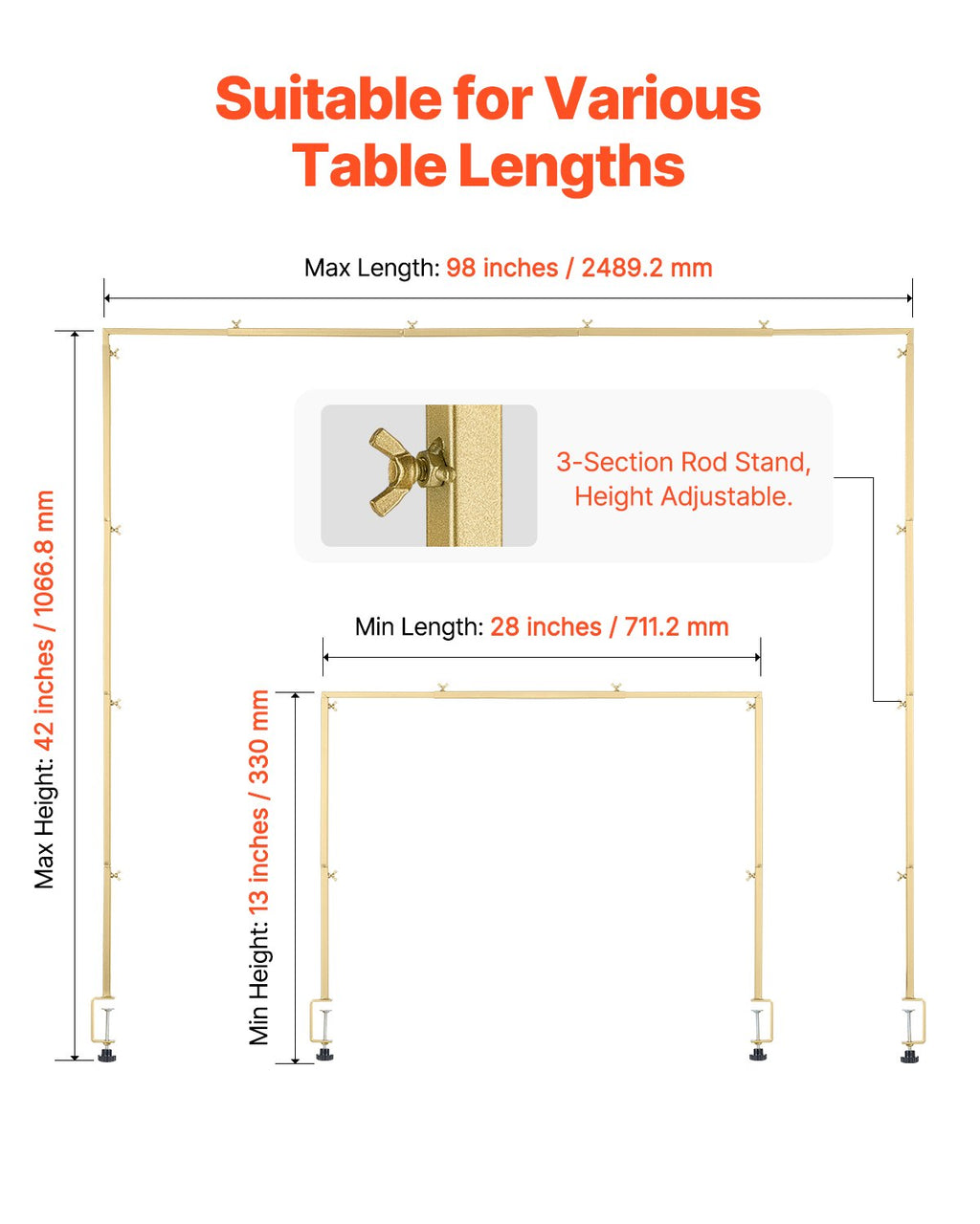 Dekoracijų stovas virš stalo VEVOR ZS25006, reguliuojamas ilgis 71–249 cm
