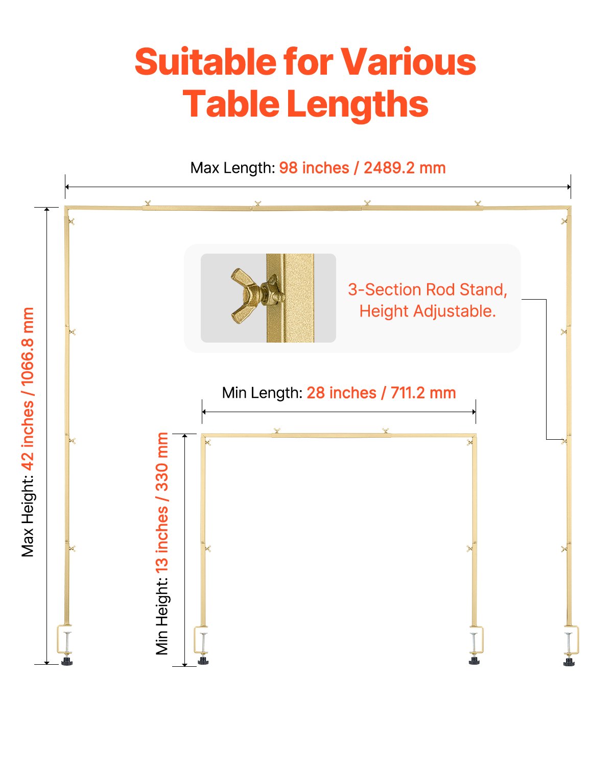 Dekoracijų stovas virš stalo VEVOR ZS25006, reguliuojamas ilgis 71–249 cm