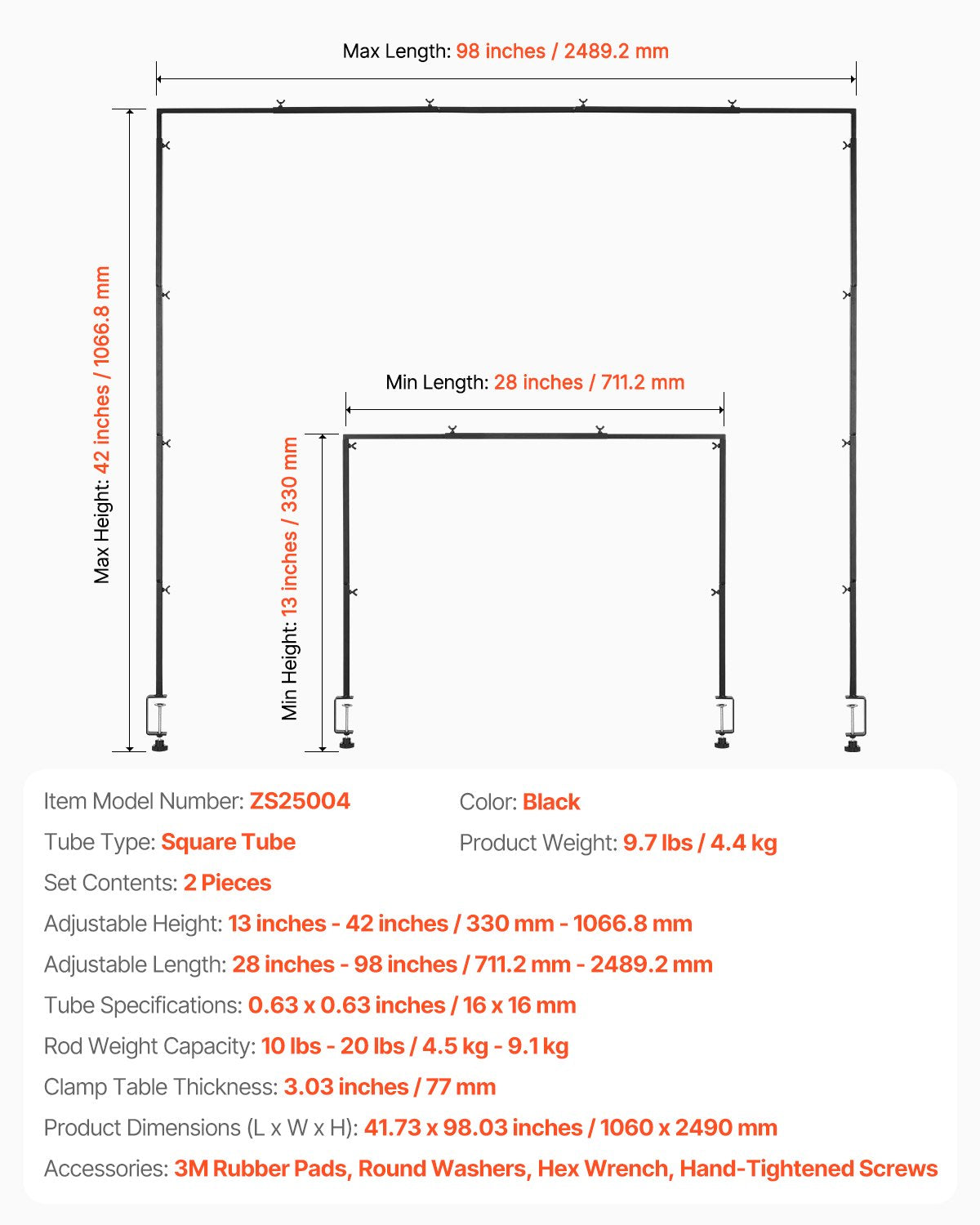 Antstalo rėmas dekoracijoms VEVOR ZS25004, reguliuojamas ilgis 71–249 cm