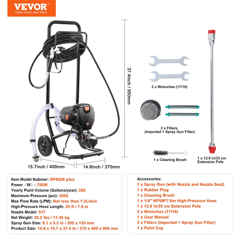 Beoris dažų purkštuvas VEVOR RP8626 plus, 750 W