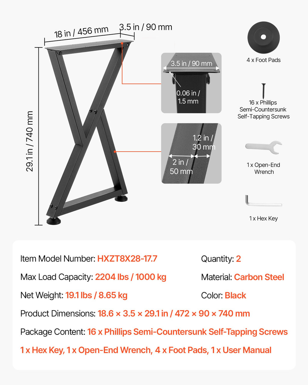 Stalo kojos VEVOR HXZT8X28-17.7, 1000 kg apkrova