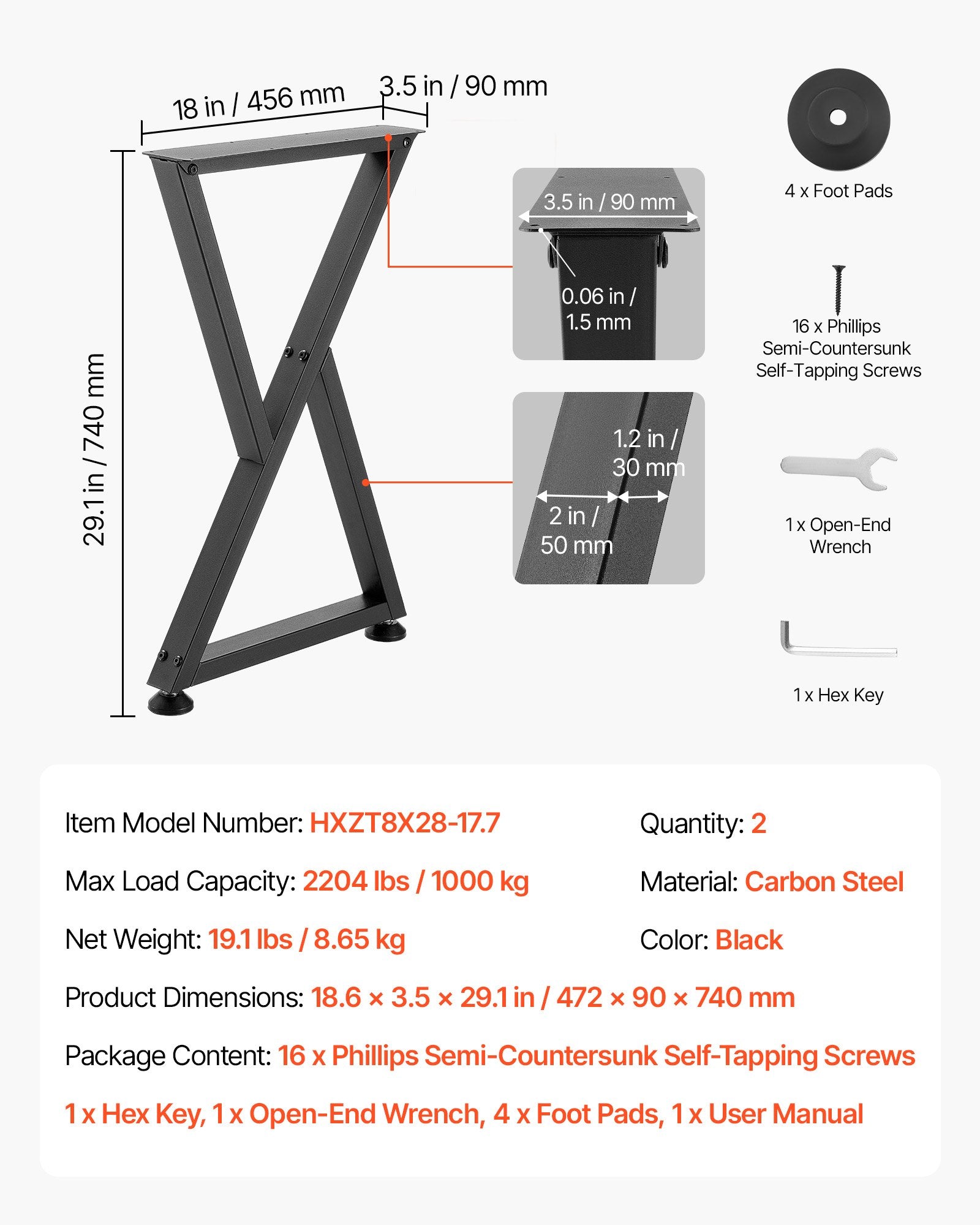 Stalo kojos VEVOR HXZT8X28-17.7, 1000 kg apkrova