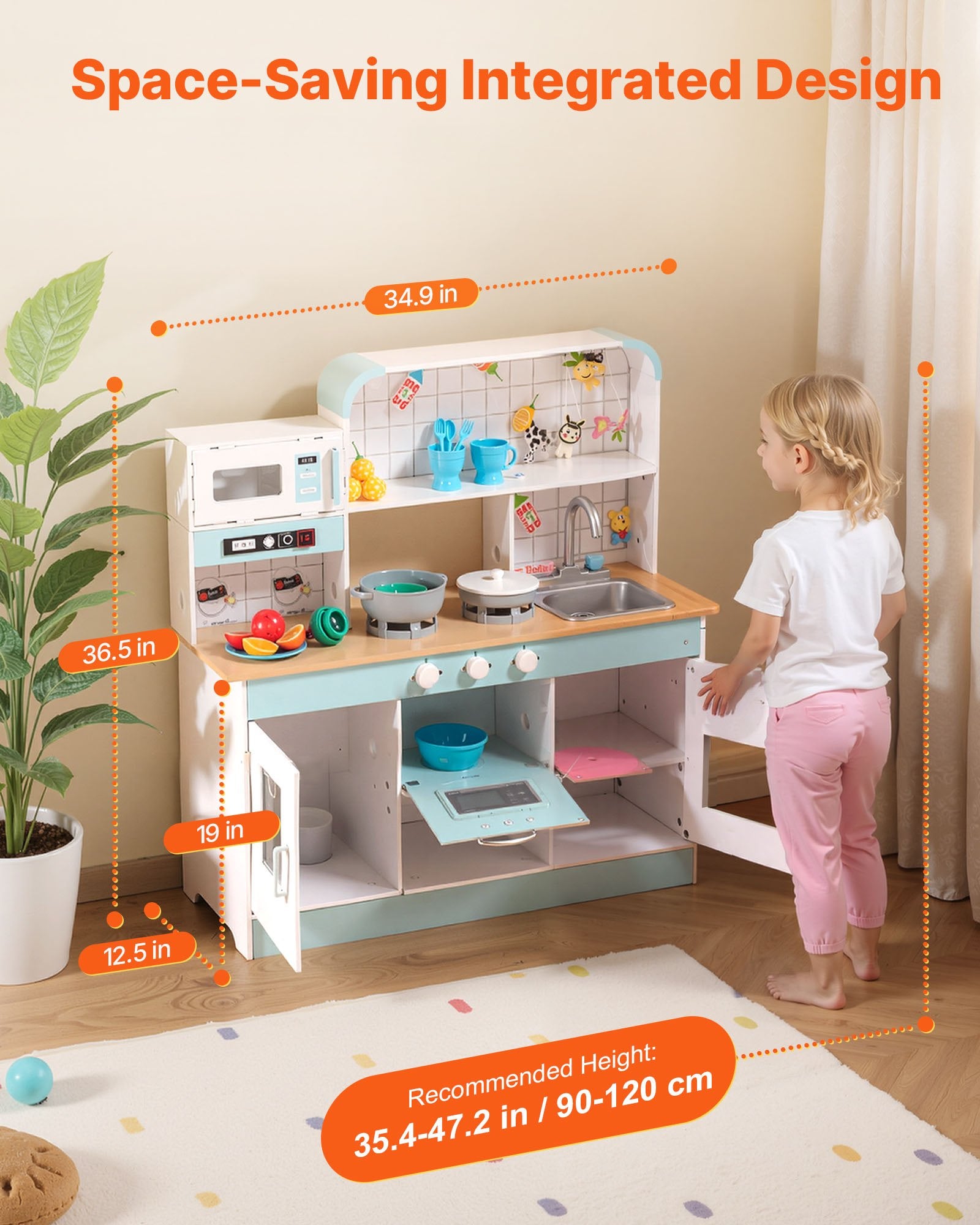 Žaislinė medinė virtuvėlė VEVOR TLG81021, su priedais ir šviesos efektais