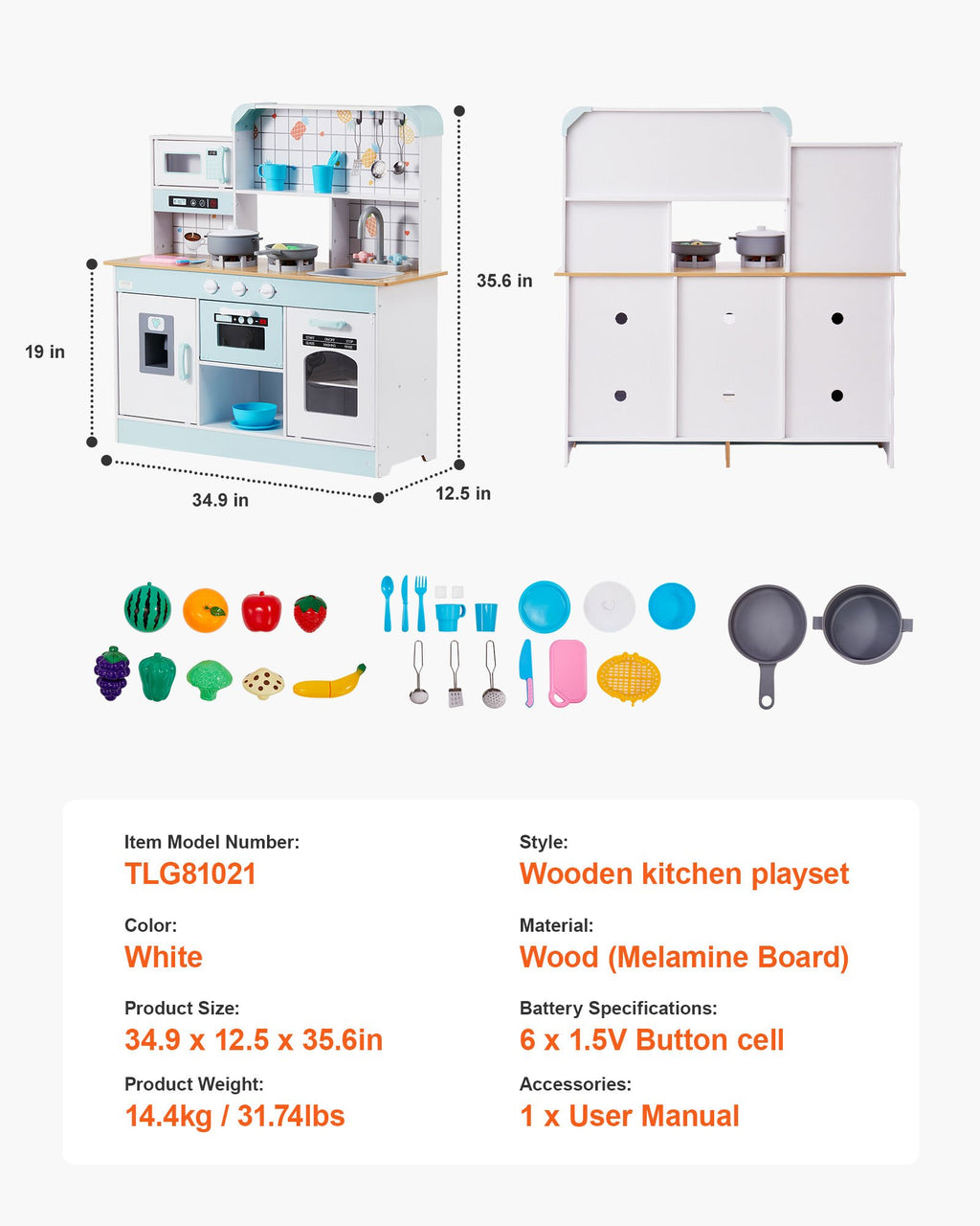 Žaislinė medinė virtuvėlė VEVOR TLG81021, su priedais ir šviesos efektais