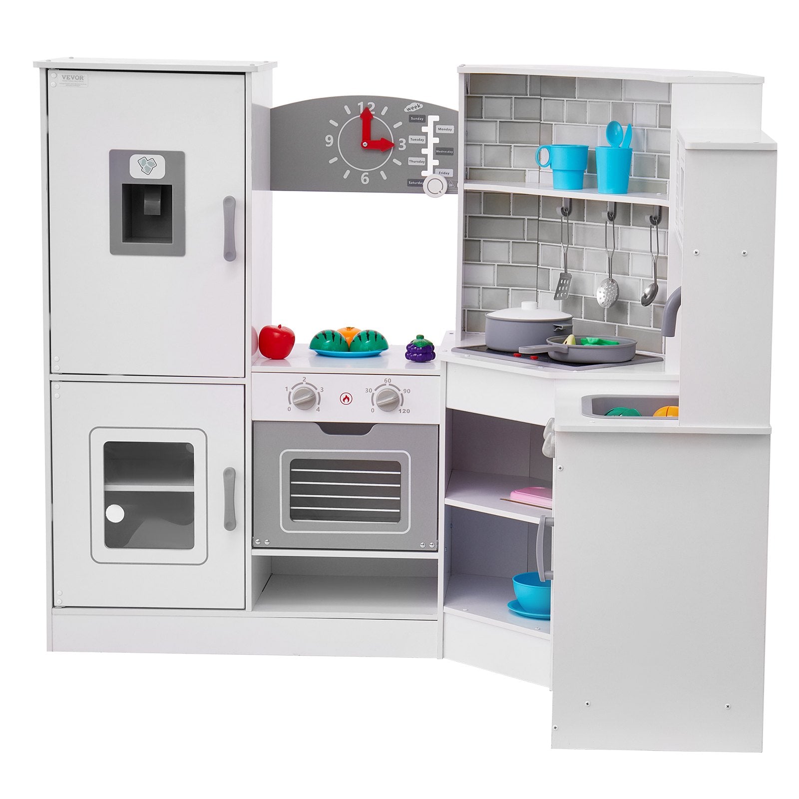 Kampinė medinė žaislinė virtuvėlė VEVOR TLG81022, su šviesos ir garso efektais