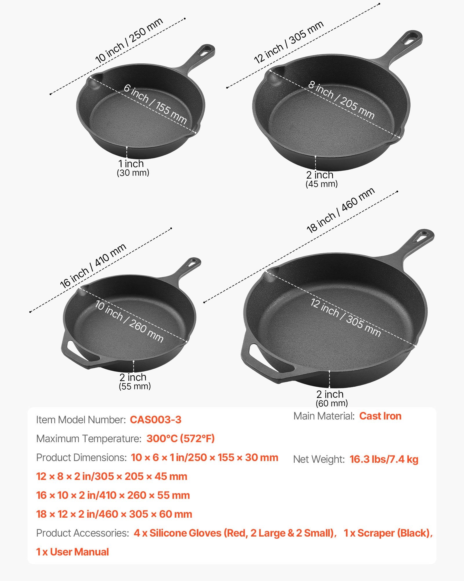 Ketaus keptuvių rinkinys VEVOR CAS003-3, 4 dalių (155-305 mm)