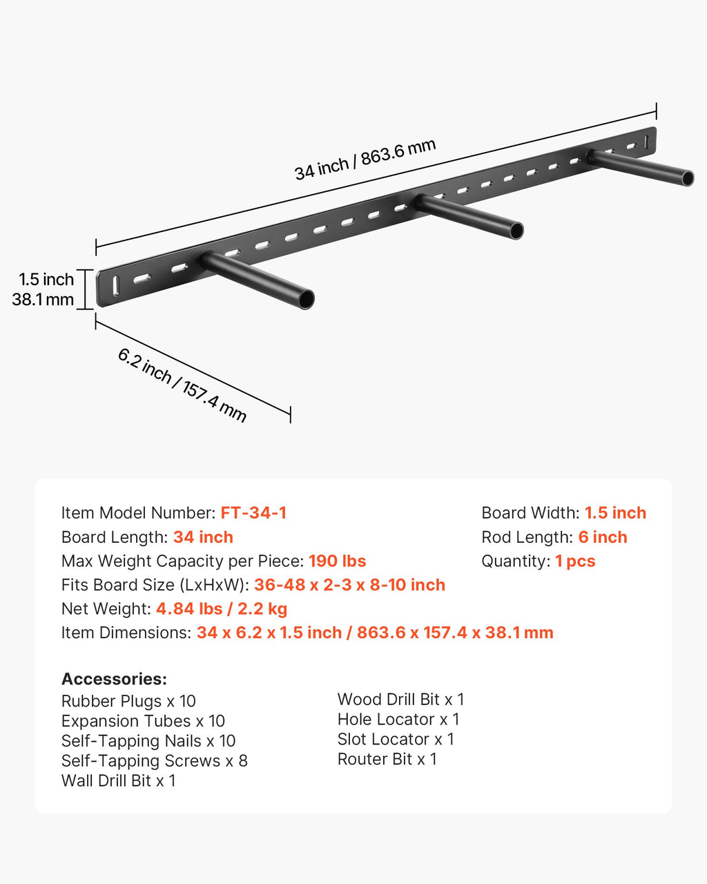 Paslėptas lentynos laikiklis VEVOR FT-34-1, 86 kg keliamoji galia