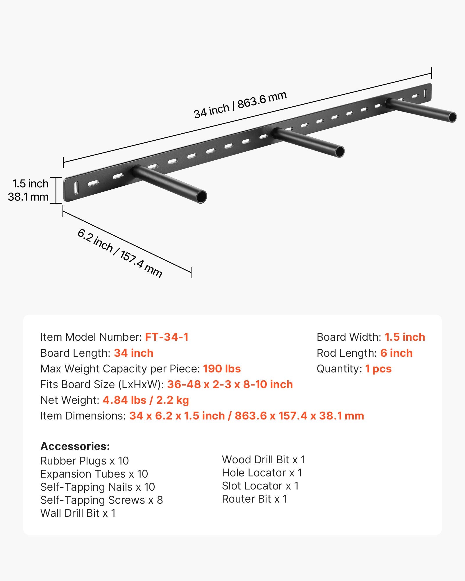 Paslėptas lentynos laikiklis VEVOR FT-34-1, 86 kg keliamoji galia