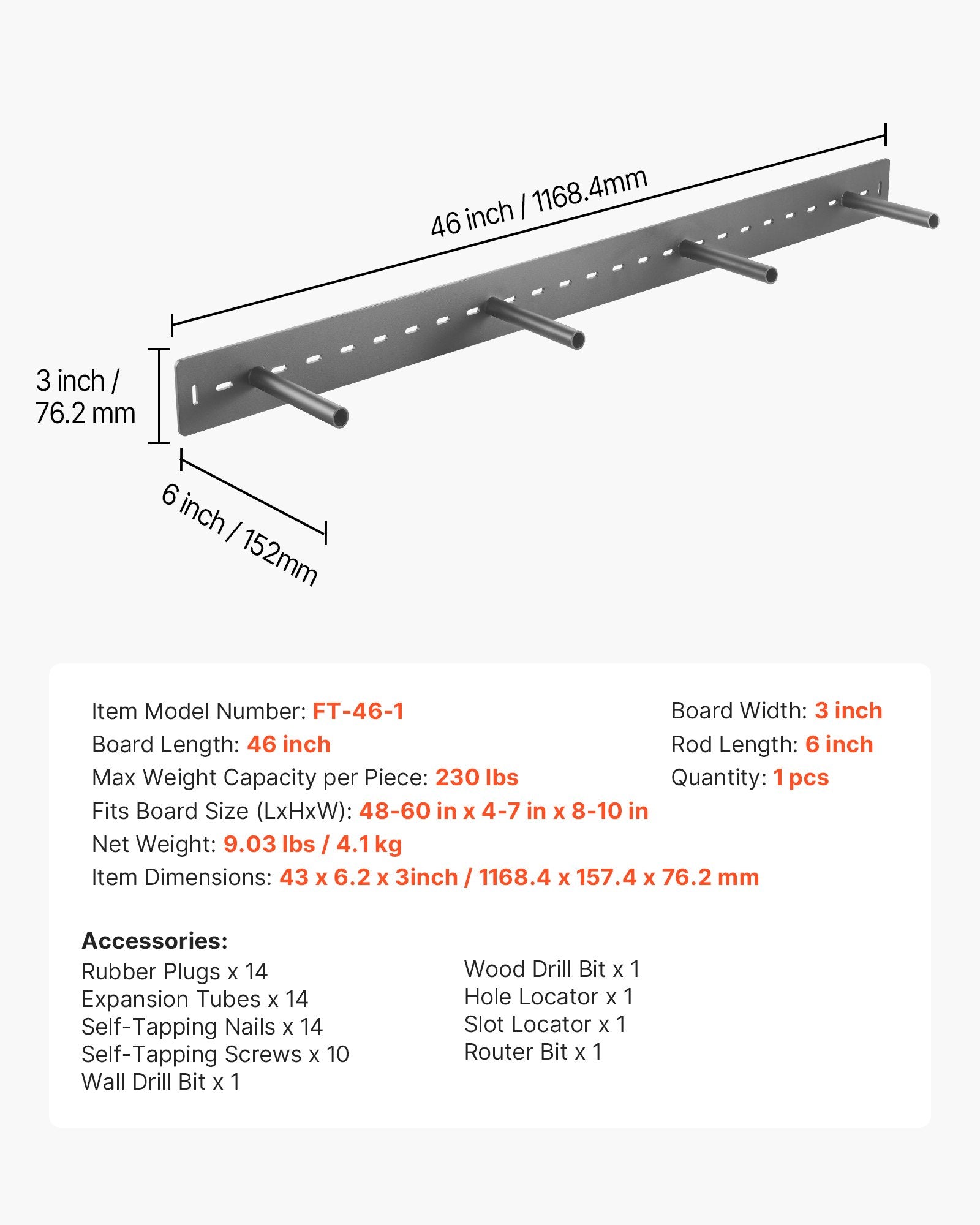 Paslėptas lentynos laikiklis VEVOR FT-46-1, 104 kg keliamoji galia