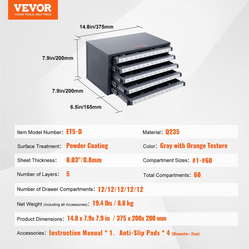 Grąžtų dėklas-organizatorius VEVOR ET5-D, 5 stalčių