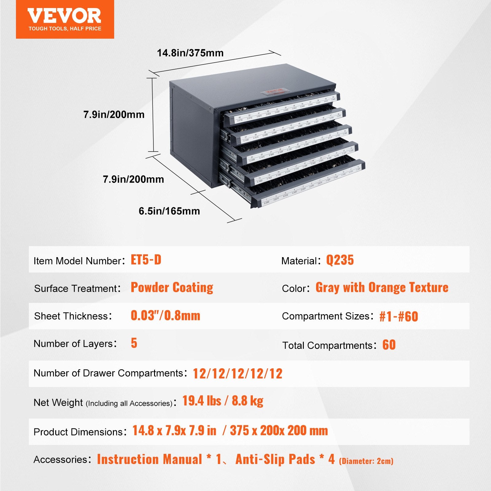 Grąžtų dėklas-organizatorius VEVOR ET5-D, 5 stalčių