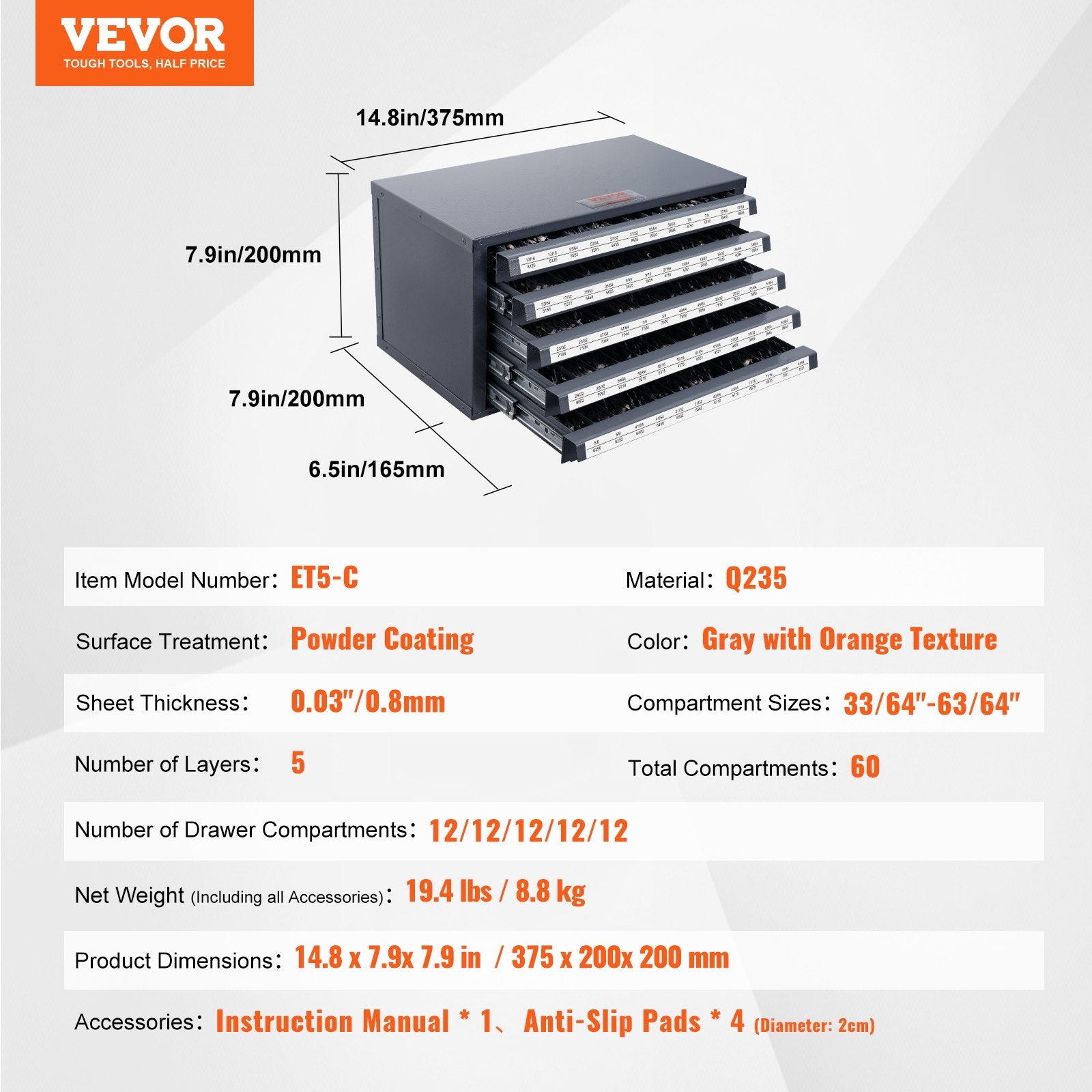 Grąžtų rūšiavimo spintelė VEVOR ET5-C, 5 stalčiai