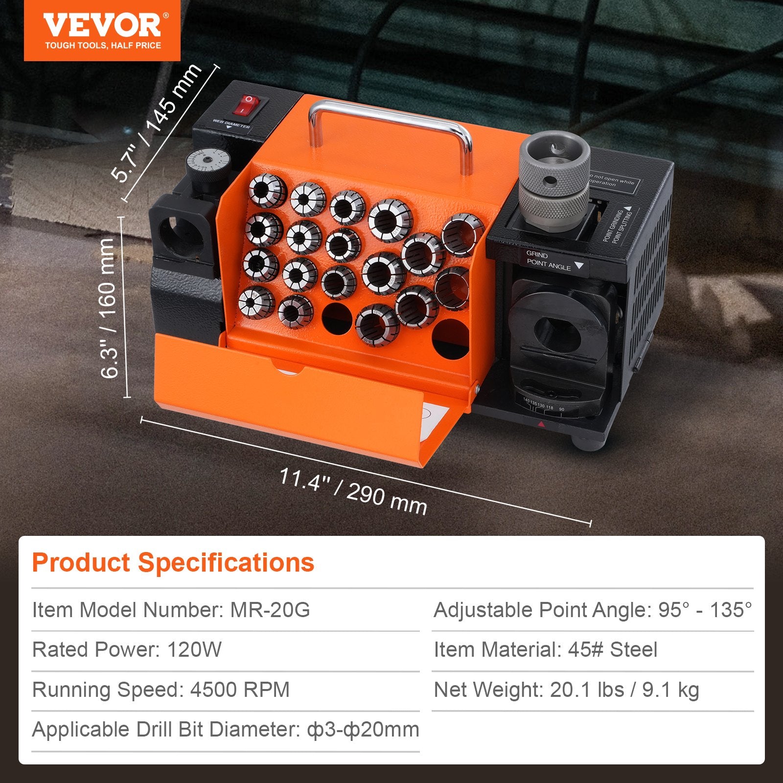 Grąžtų galandimo staklės VEVOR MR-20G, 3–20 mm