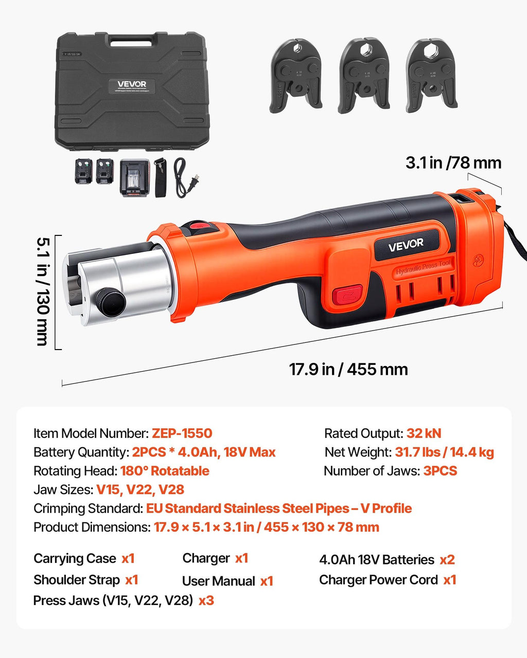 Akumuliatorinis vamzdžių presas VEVOR ZEP-1550, 32 kN