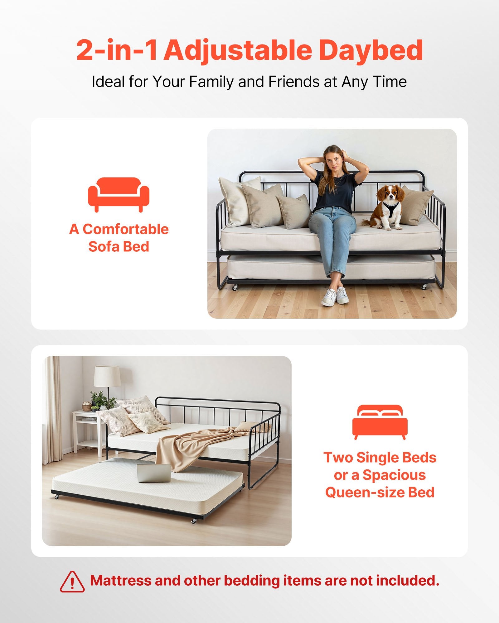 Metalinė sofa-lova su ištraukiama dalimi VEVOR YJX-BF-001, 181 kg apkrova